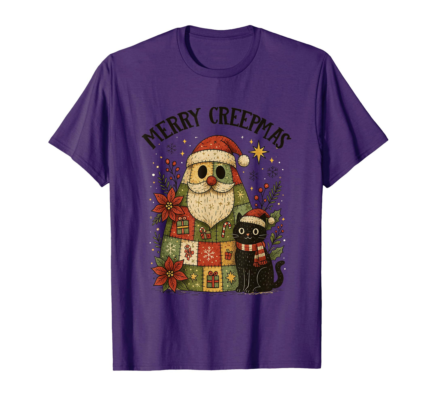 Merry Creepmas Santa Black Cat Holiday Fun T-Shirt