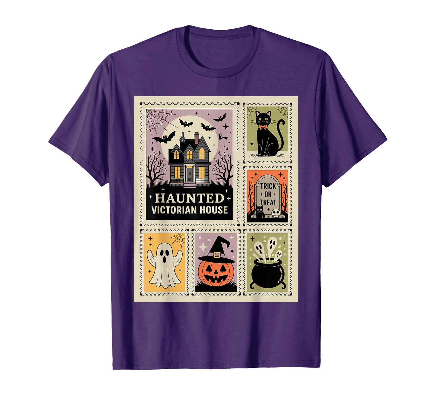 Halloween Postage Stamps Haunted House Cat Ghost Witch Grave T-Shirt