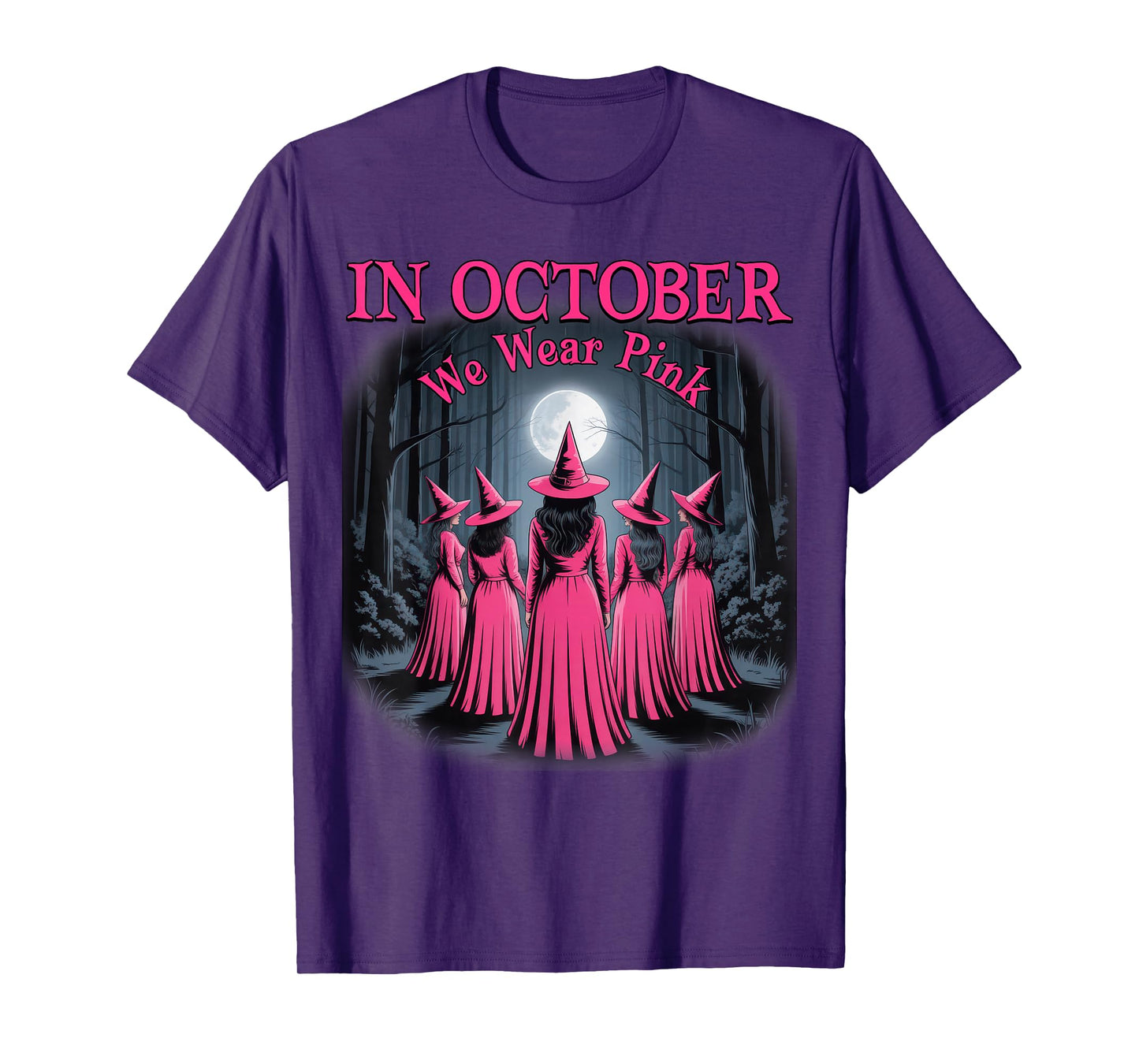in October We Wear Pink Witch Halloween Breast Cancer Women T-Shirt
