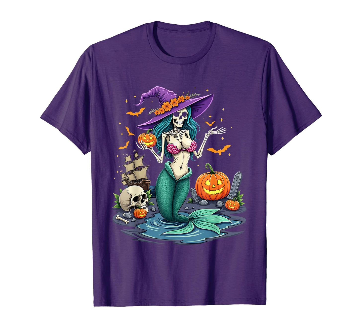 Skeleton Mermaid Witch Pumpkin Ship Halloween T-Shirt