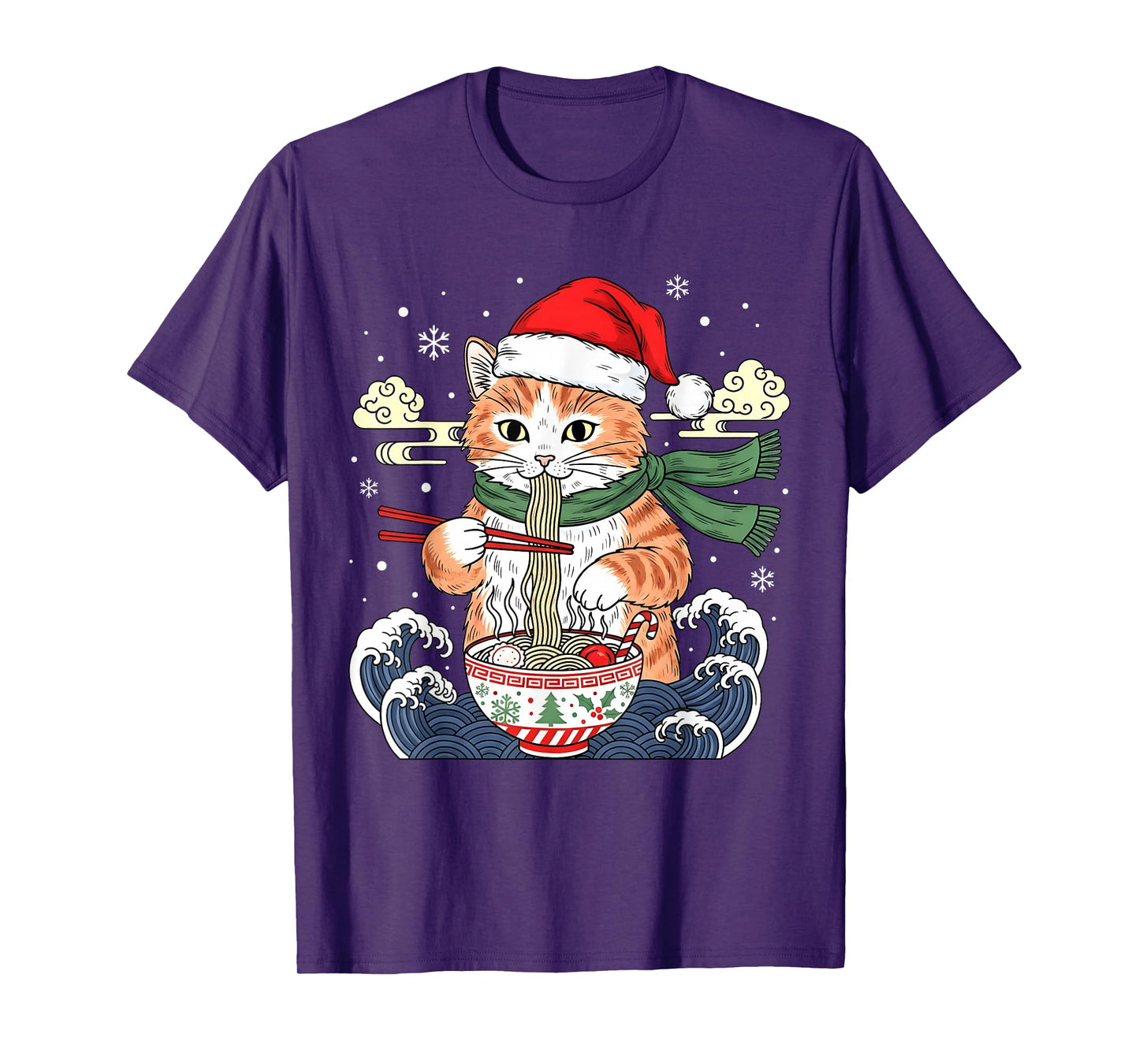 Funny Christmas Ramen Cat Eating Noodles Japanese Kawaii Cat T-Shirt