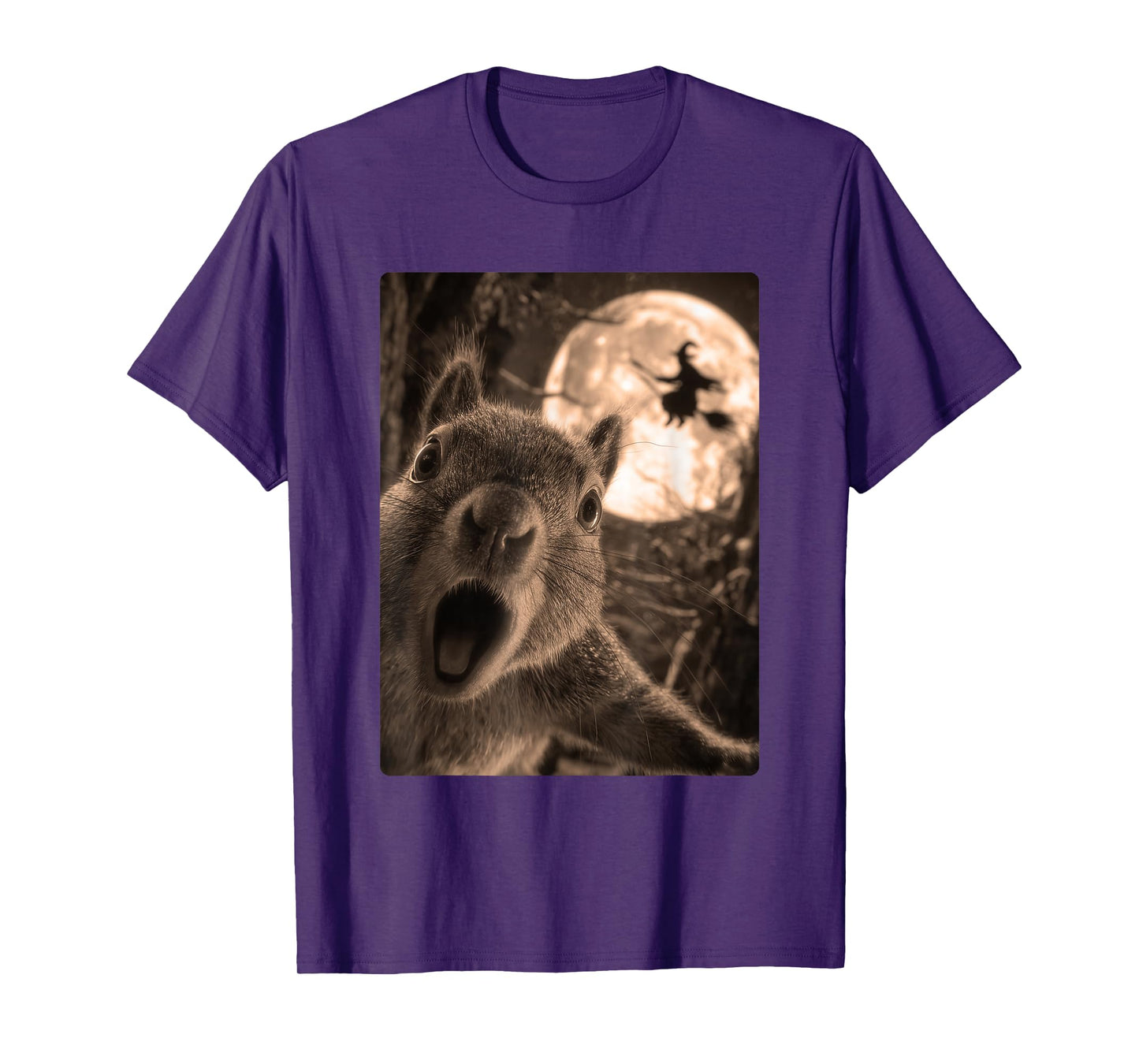Funny Squirrel Selfie with Full Moon Flying Witch Halloween T-Shirt