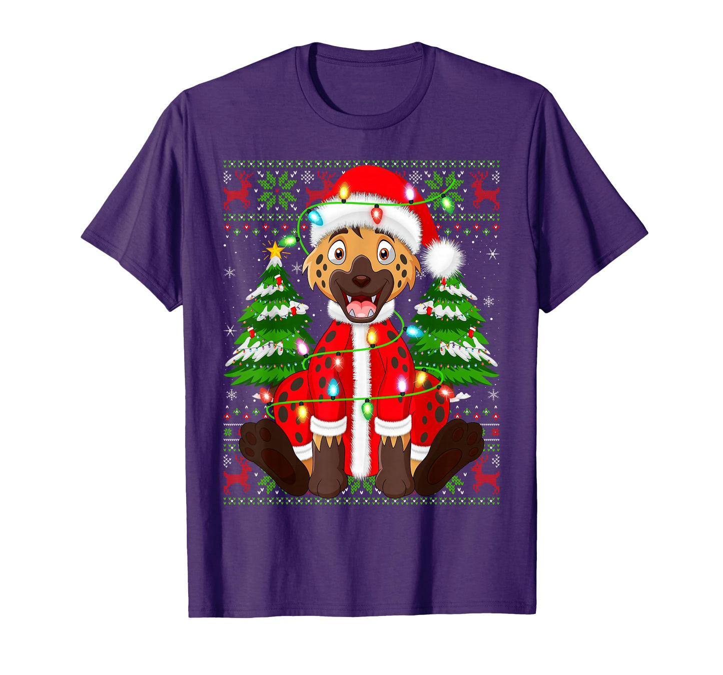 Funny Hyena Christmas Lights Santa Costume Ugly Xmas Sweater T-Shirt