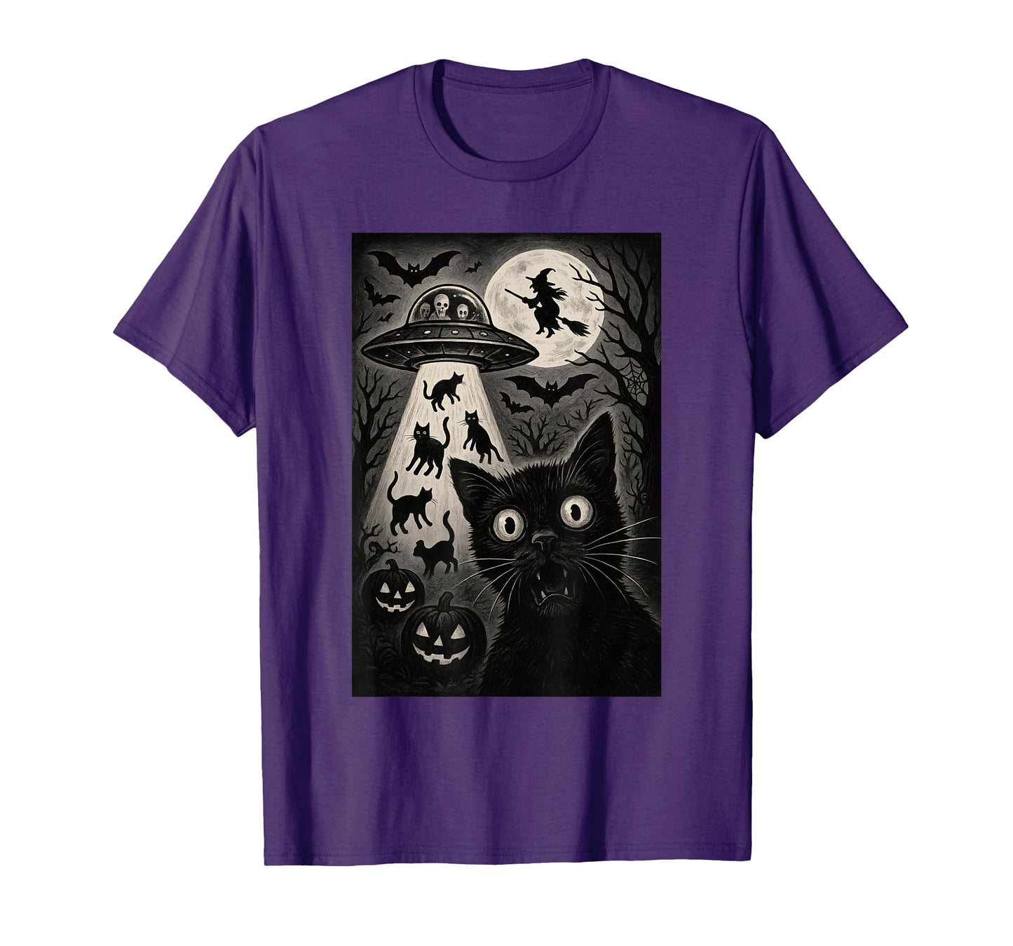 Halloween Cat Selfie Spooky Night Alien Abduction Cats UFO T-Shirt