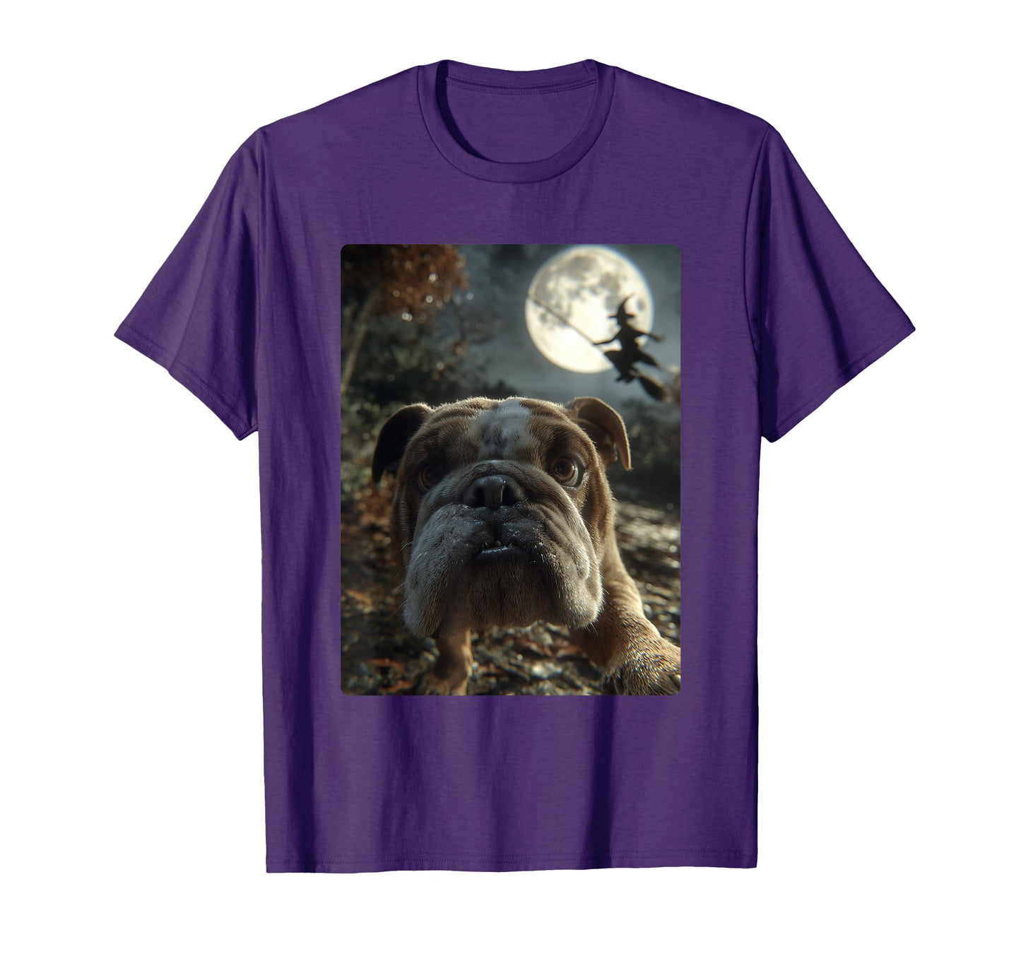 British Bulldog Selfie Full Moon Flying Witch Halloween Dog T-Shirt
