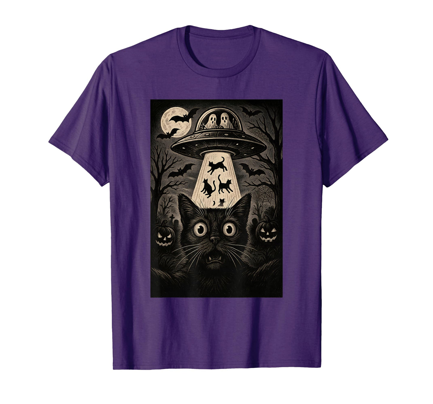 Halloween Cat Selfie Spooky Night Alien Abduction Cats UFO T-Shirt