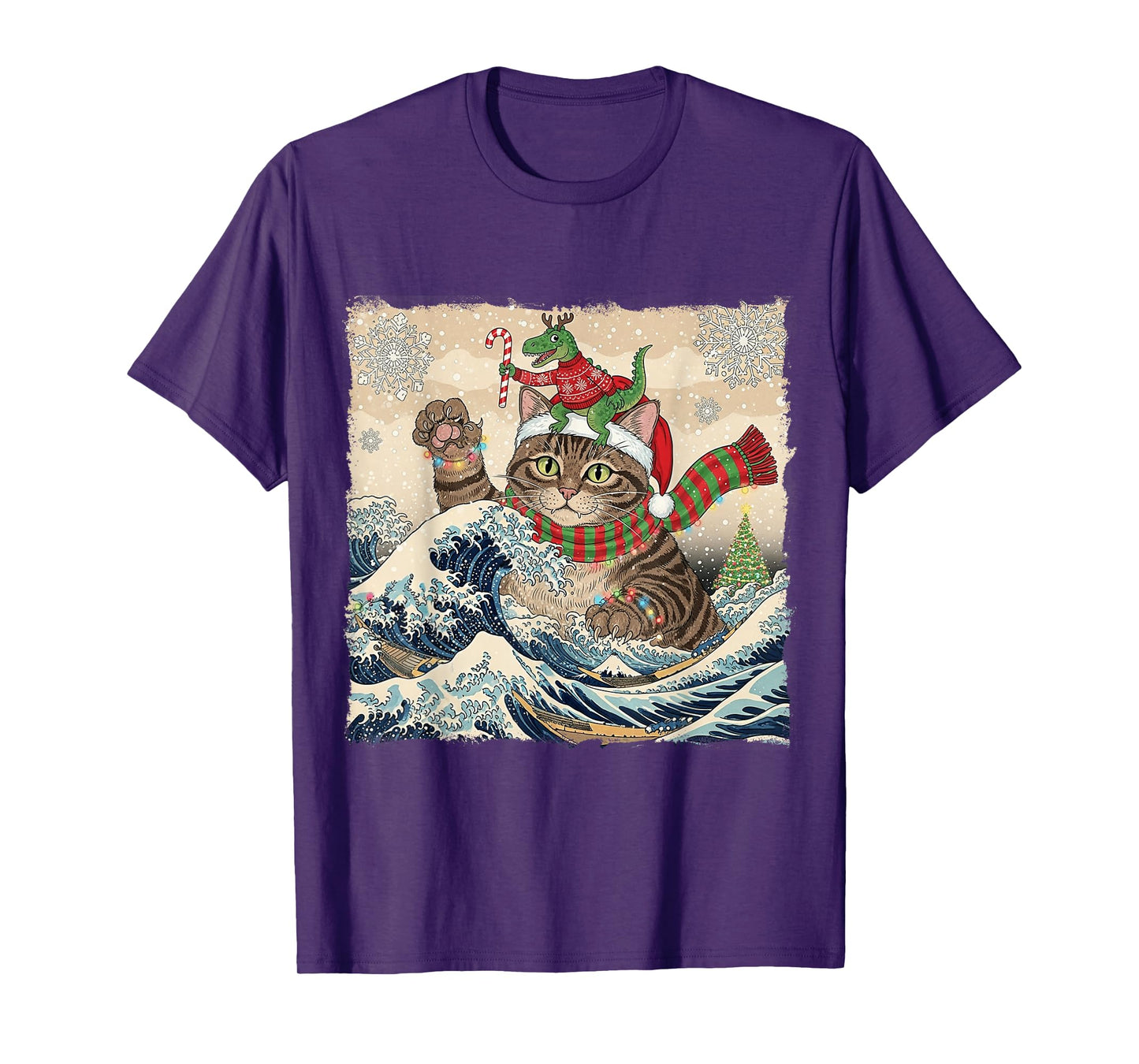 Catzilla Christmas with Cute Dino Cat Funny Holiday Wave T-Shirt