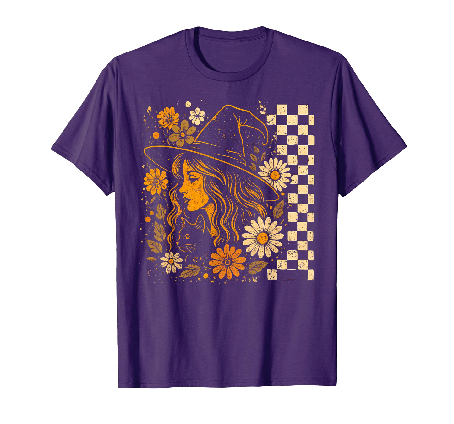 Witchy Boho Woman Hat Retro Floral Halloween Artwork T-Shirt