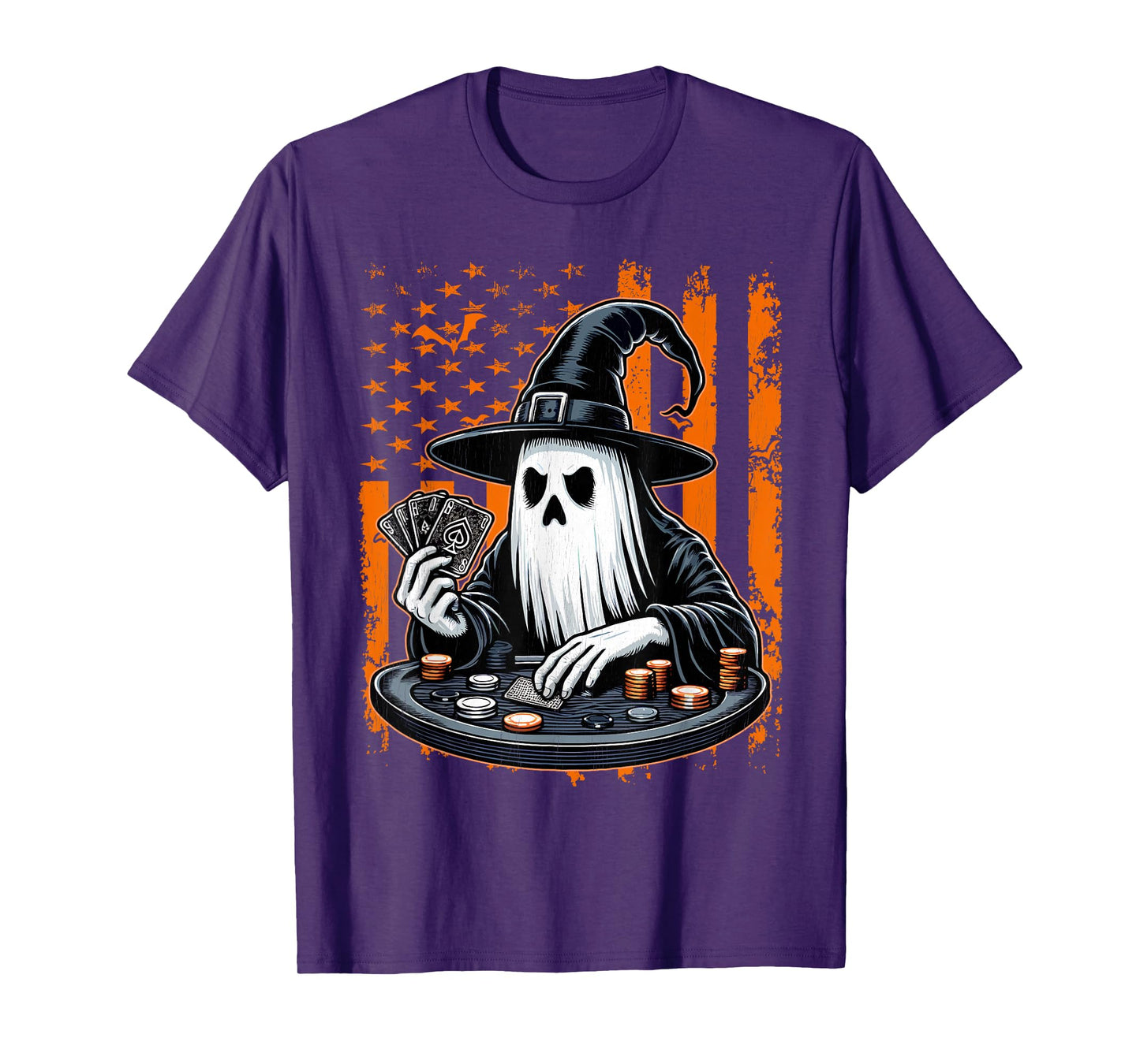 Poker Ghost Halloween Scary Costume Poker Player USA Flag T-Shirt