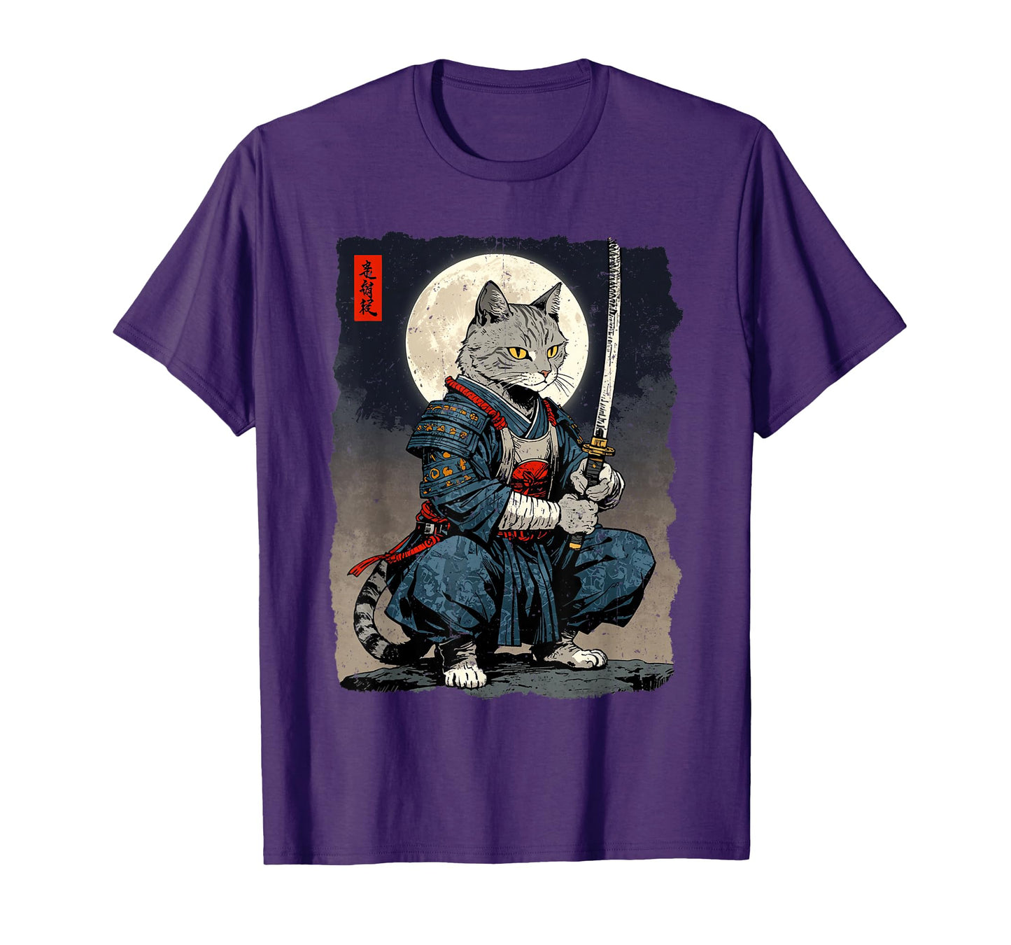 Samurai Cat Japanese Retro Fighter Cat Moon Ukiyo-e Warrior T-Shirt