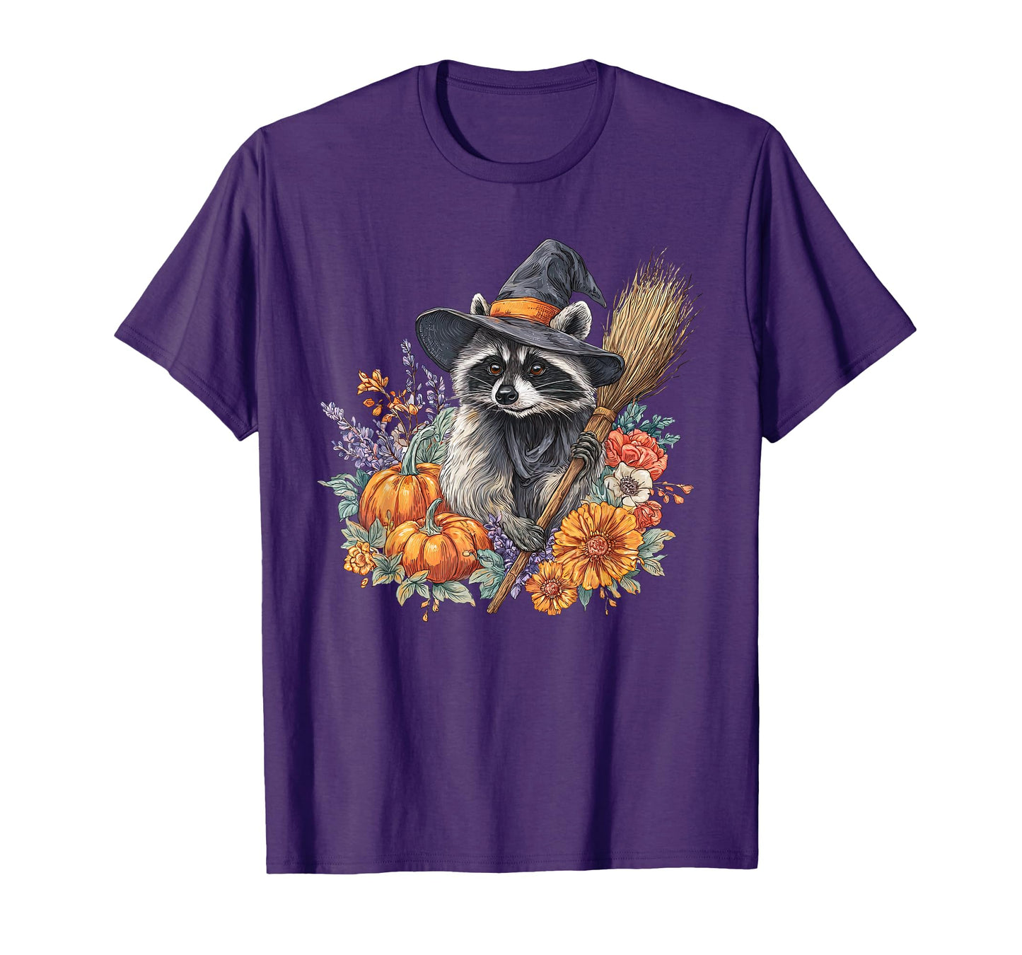 Witchy Raccoon Fall Pumpkin Floral Feral Witch Halloween T-Shirt