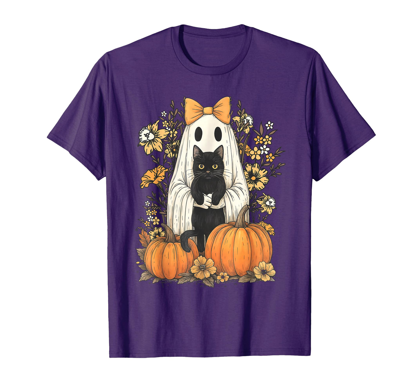 Vintage Halloween Ghost Holding Black Cat Retro Floral T-Shirt
