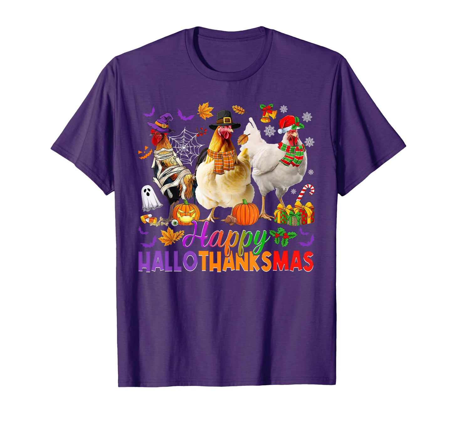 Happy Hallothanksmas Halloween Thanksgiving Xmas Chickens T-Shirt
