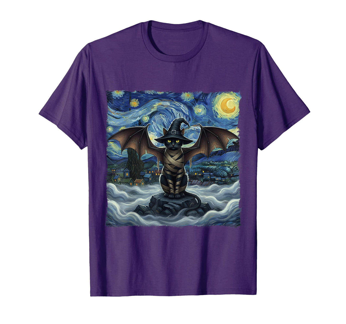 Cat Halloween Cat Starry Night Vampire Cat with Bat Wings T-Shirt