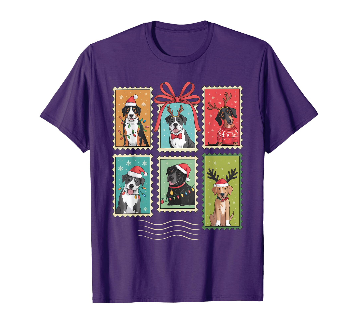 Cute Christmas Dogs Stamp Holiday Santa Hat & Reindeer Dog T-Shirt