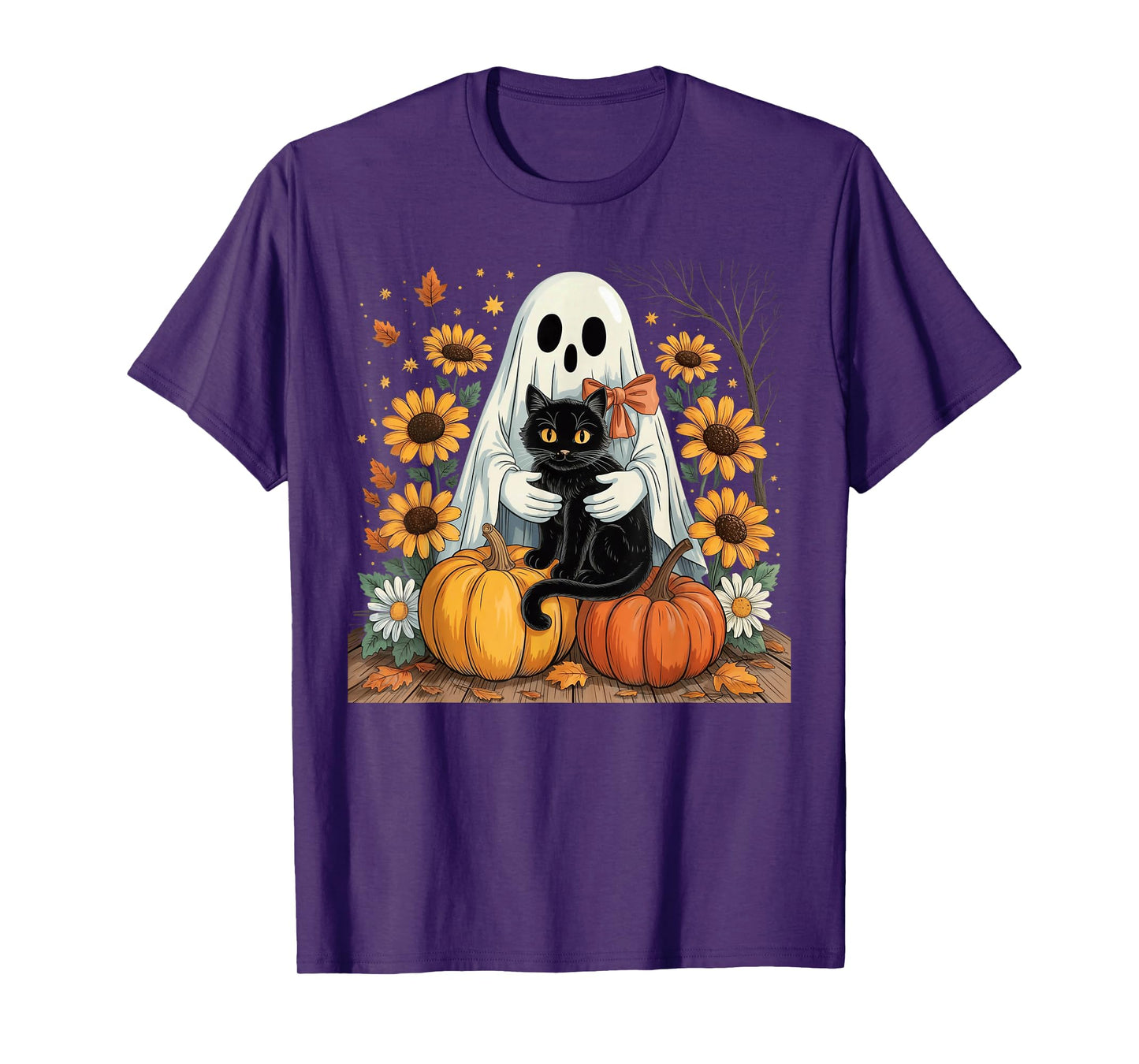 Womens Halloween Ghost Black Cat Ghost Halloween Girls T-Shirt