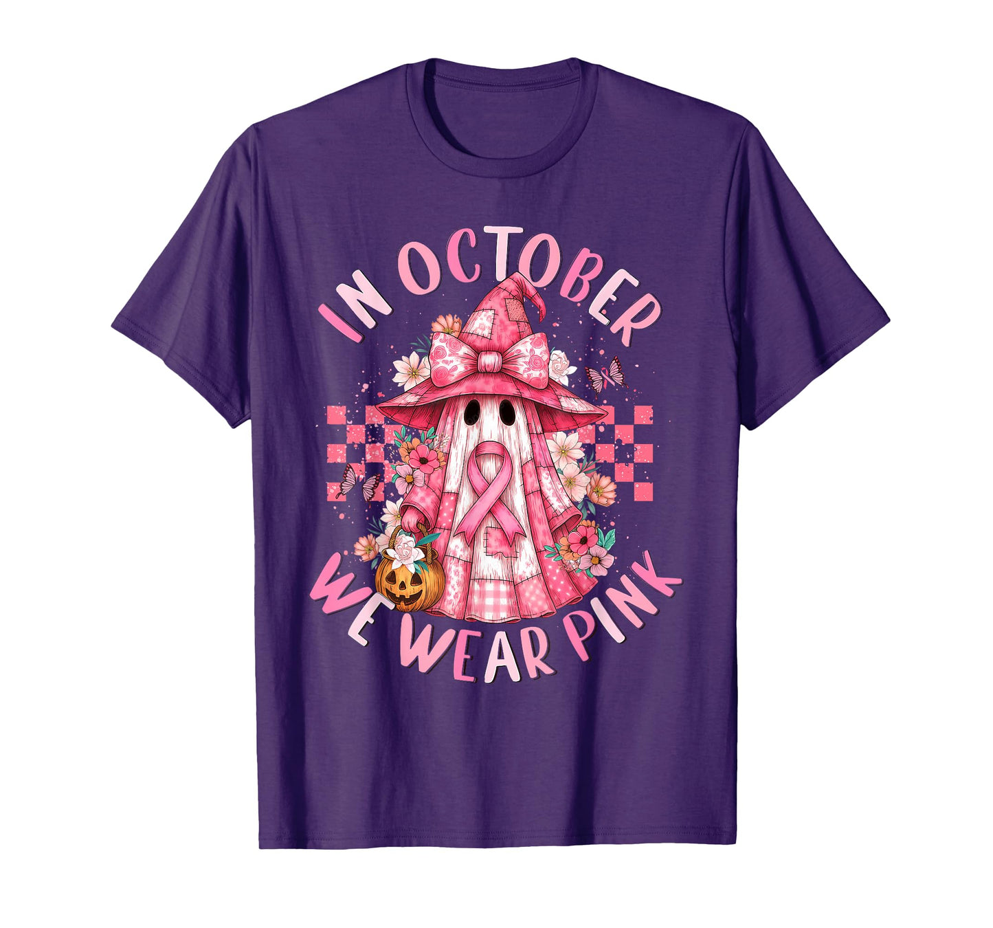 in October We Wear Pink Ghost Witch Breast Cancer Awareness T-Shirt