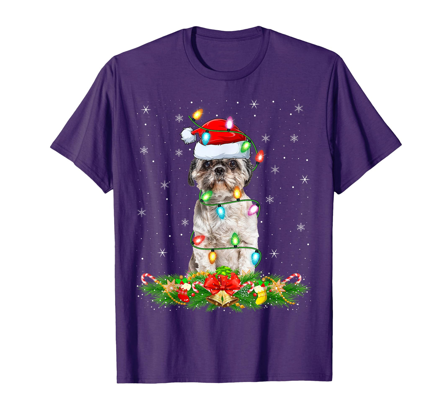 Shih Tzu Dog Christmas Lights Funny Santa Hat Xmas T-Shirt