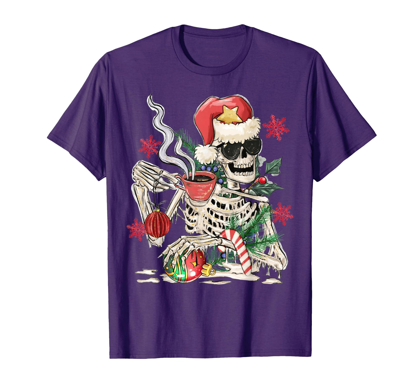 Santa Skeleton Drinking Coffee Funny Christmas Holiday T-Shirt