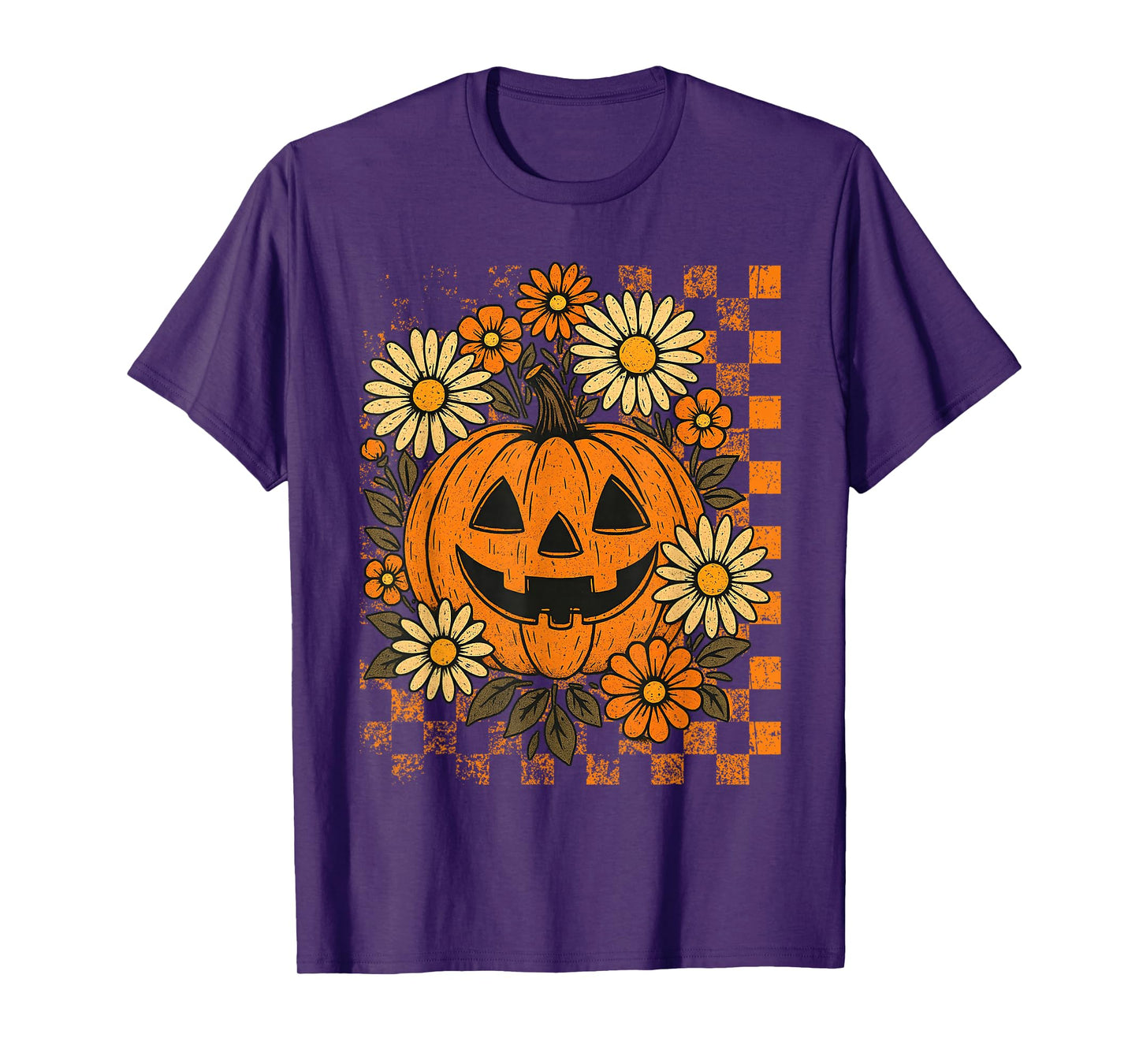 Vintage Floral Checkered Boho Pumpkin Cute Halloween Fall T-Shirt