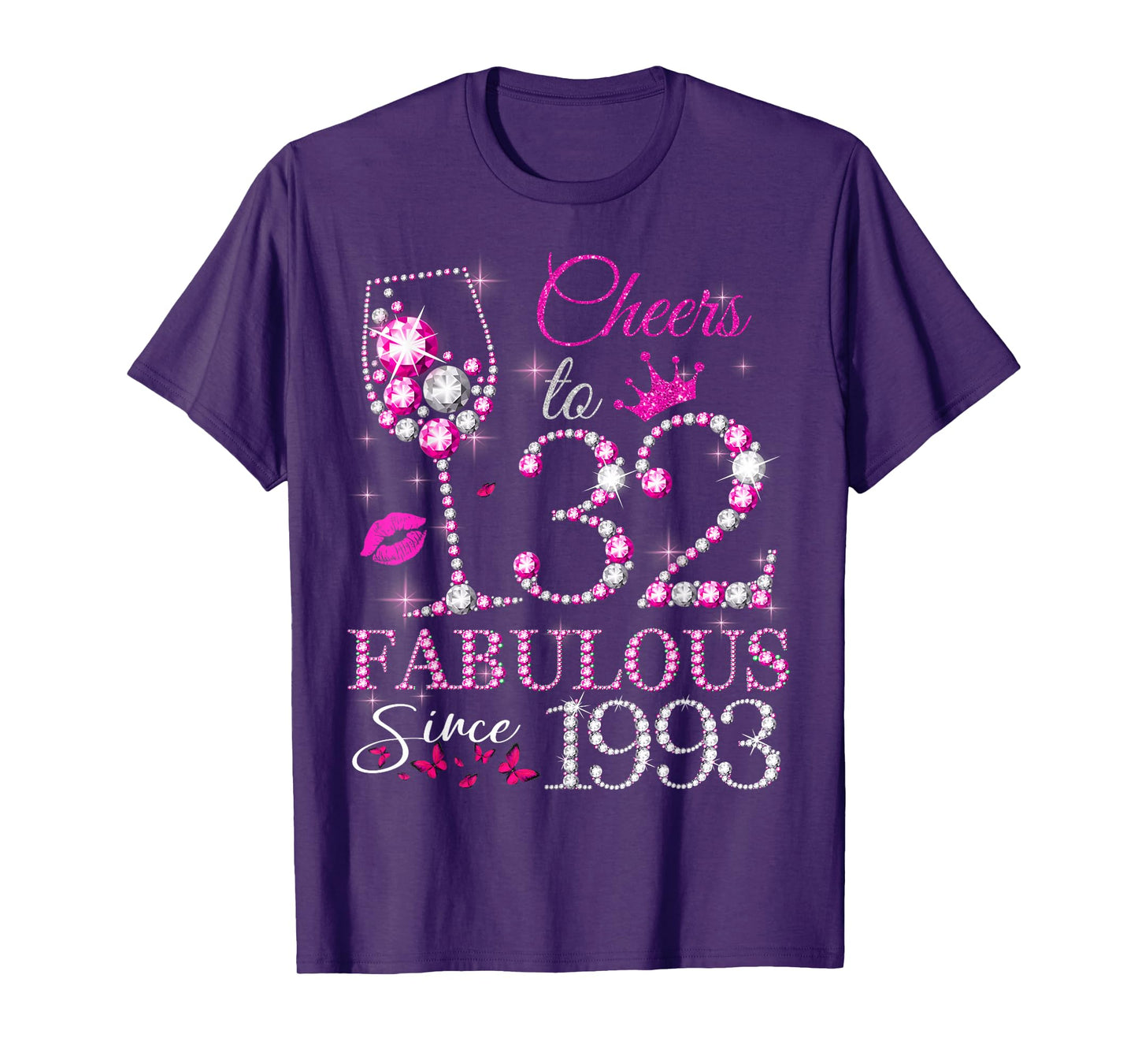 Womens Cheers to 32 Years Old EST 1993 32nd Birthday Queen T-Shirt