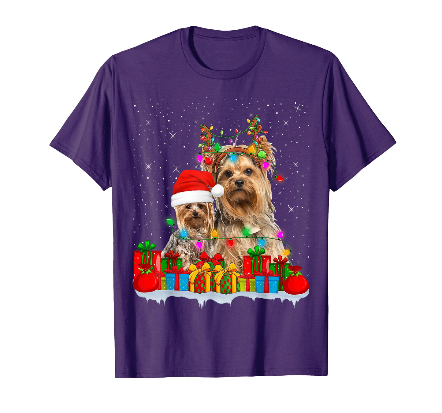 Yorkshire Terrier Dog Christmas Lights Reindeer Santa Xmas T-Shirt
