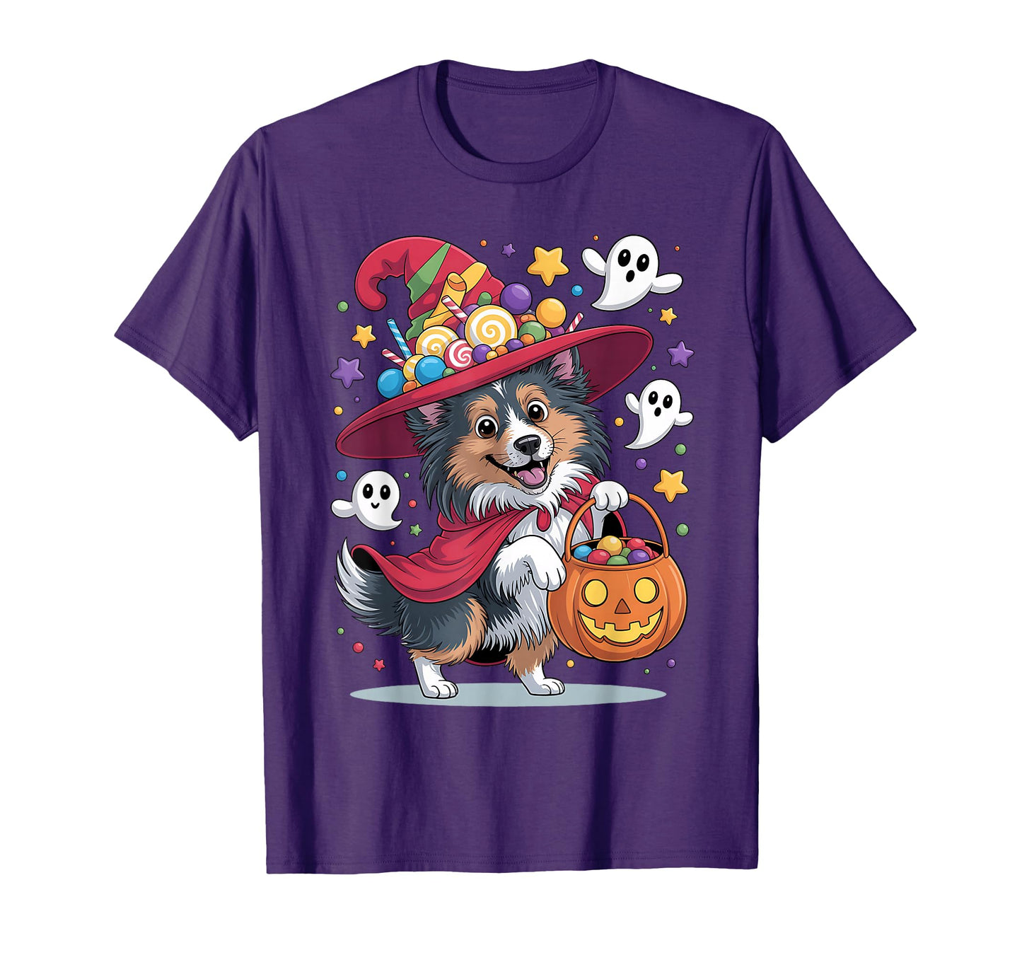 Shetland Sheepdog Dog Pumpkin Ghost Candy Witch Halloween T-Shirt
