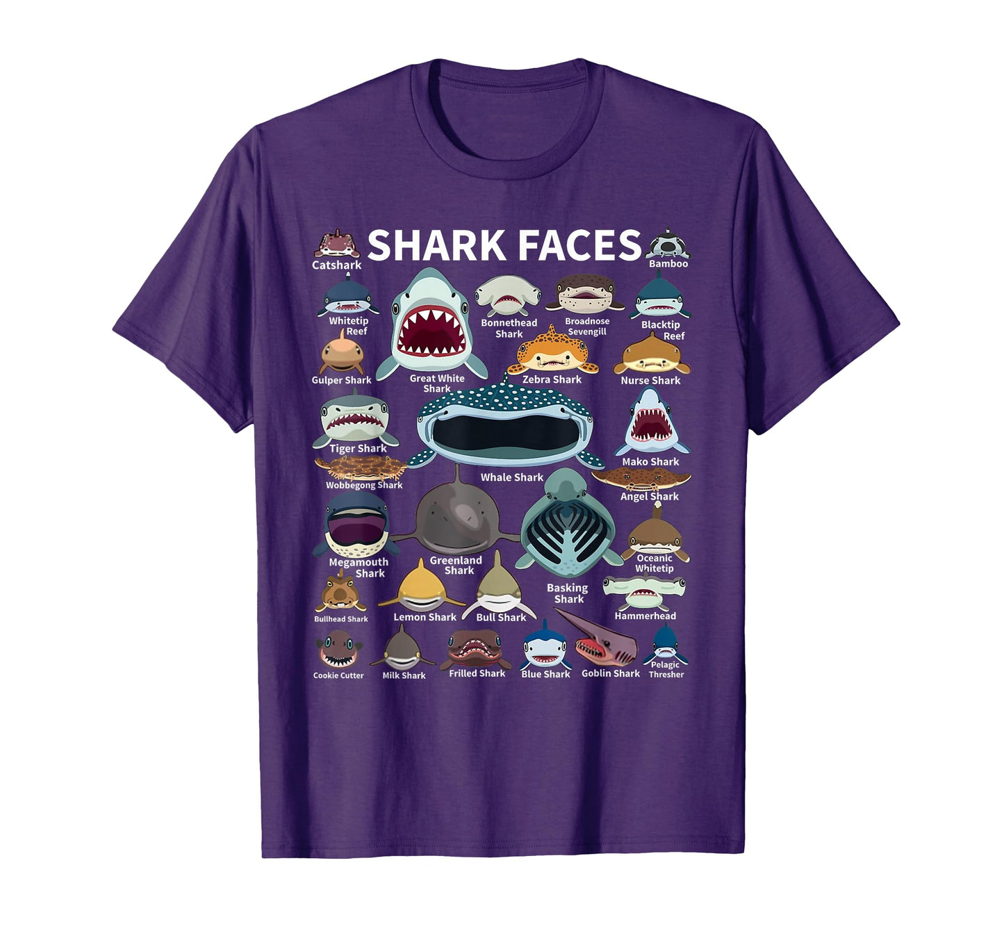 Shark Faces - Type of Shark - Shark Faces of All Kinds T-Shirt