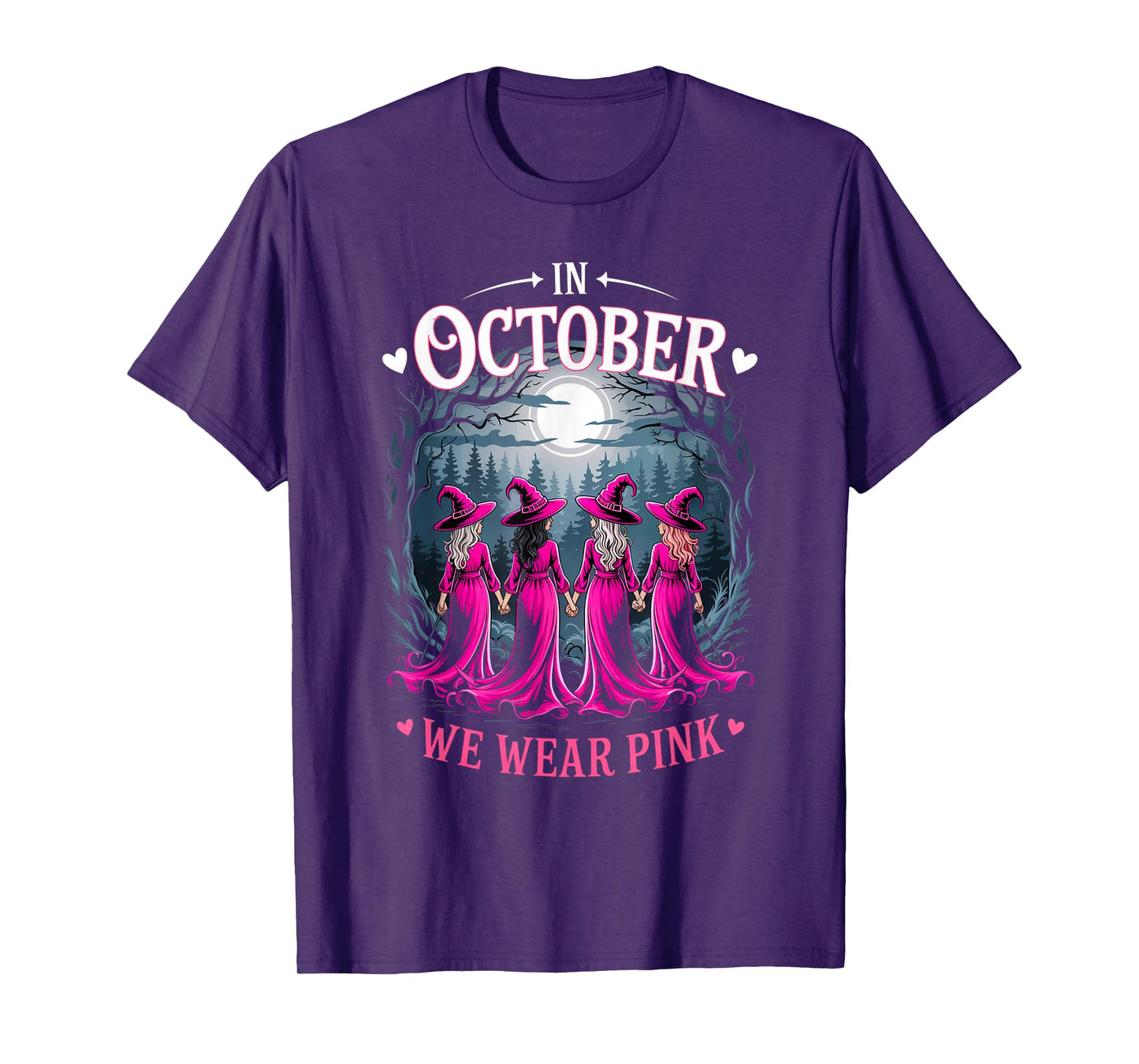 in October We Wear Pink Retro Witch Breast Cancer Awareness T-Shirt