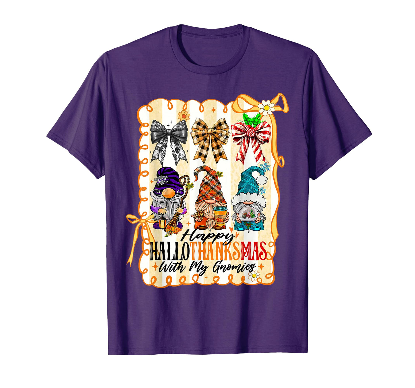 Happy Hallothanksmas with My Gnomies Coquette Bow Gnomes T-Shirt