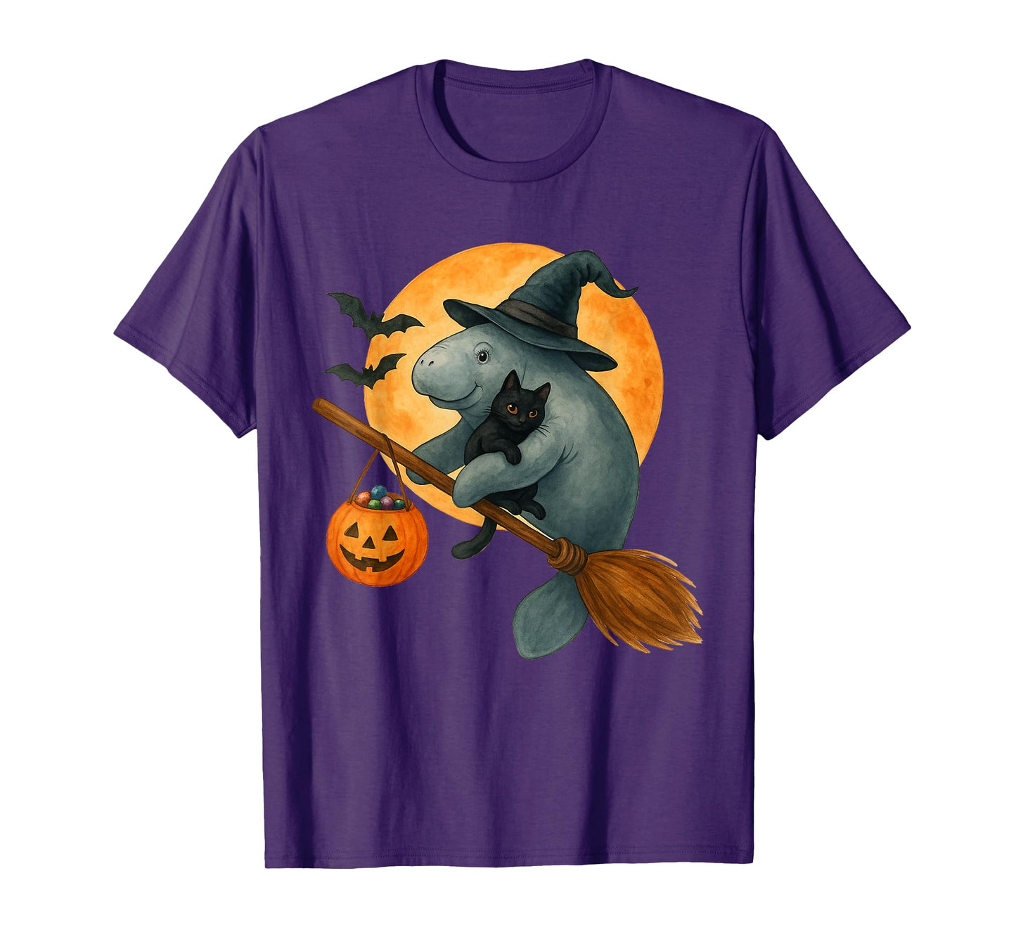 Retro Manatee Witch Hat Black Cat Pumpkin Halloween Costume T-Shirt