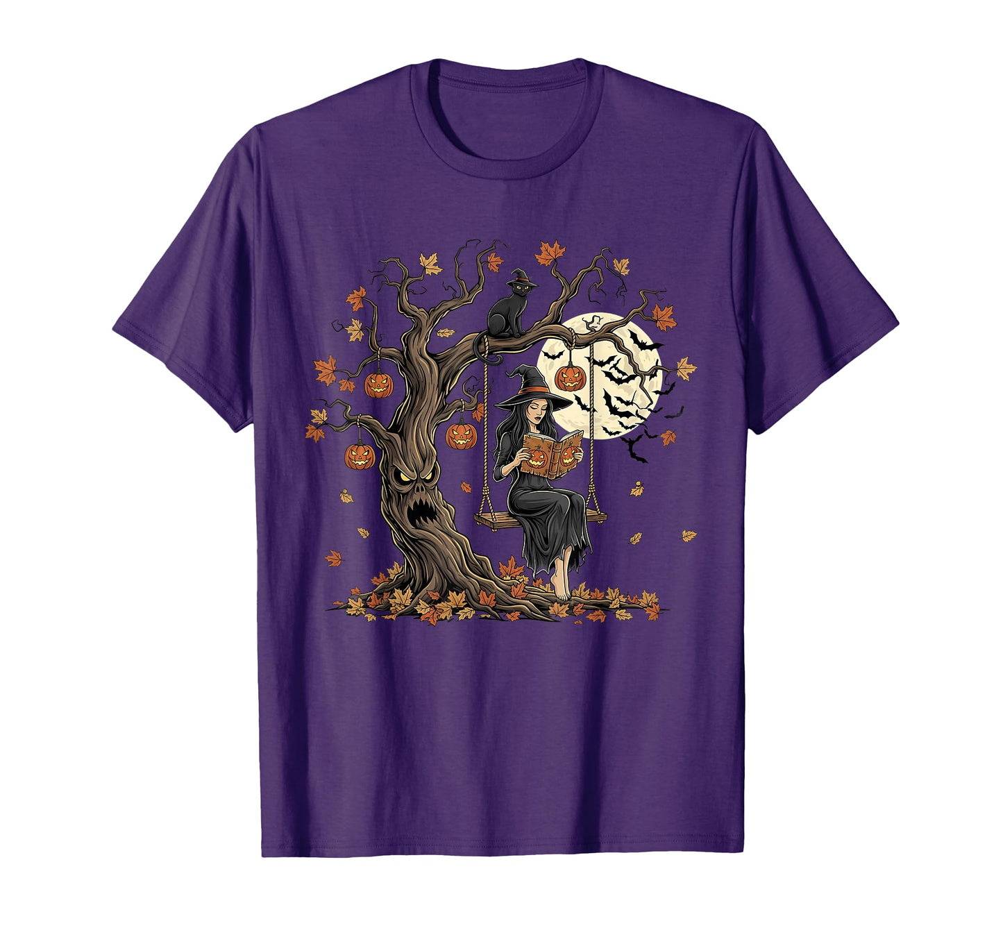 Vintage Witch Reading Book Pumpkin Swing Autumn Thanksgiving T-Shirt