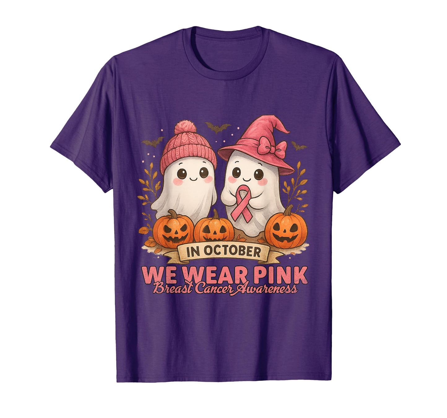 in October We Wear Pink Ghost Witch Breast Cancer Awareness T-Shirt