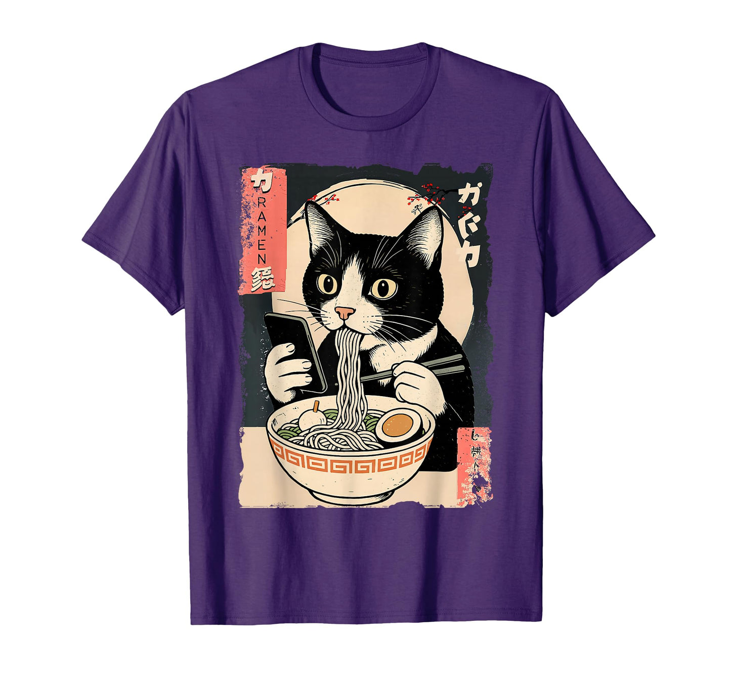 Funny Cat Eating Ramen and Scroll Phone Anime Japanese T-Shirt