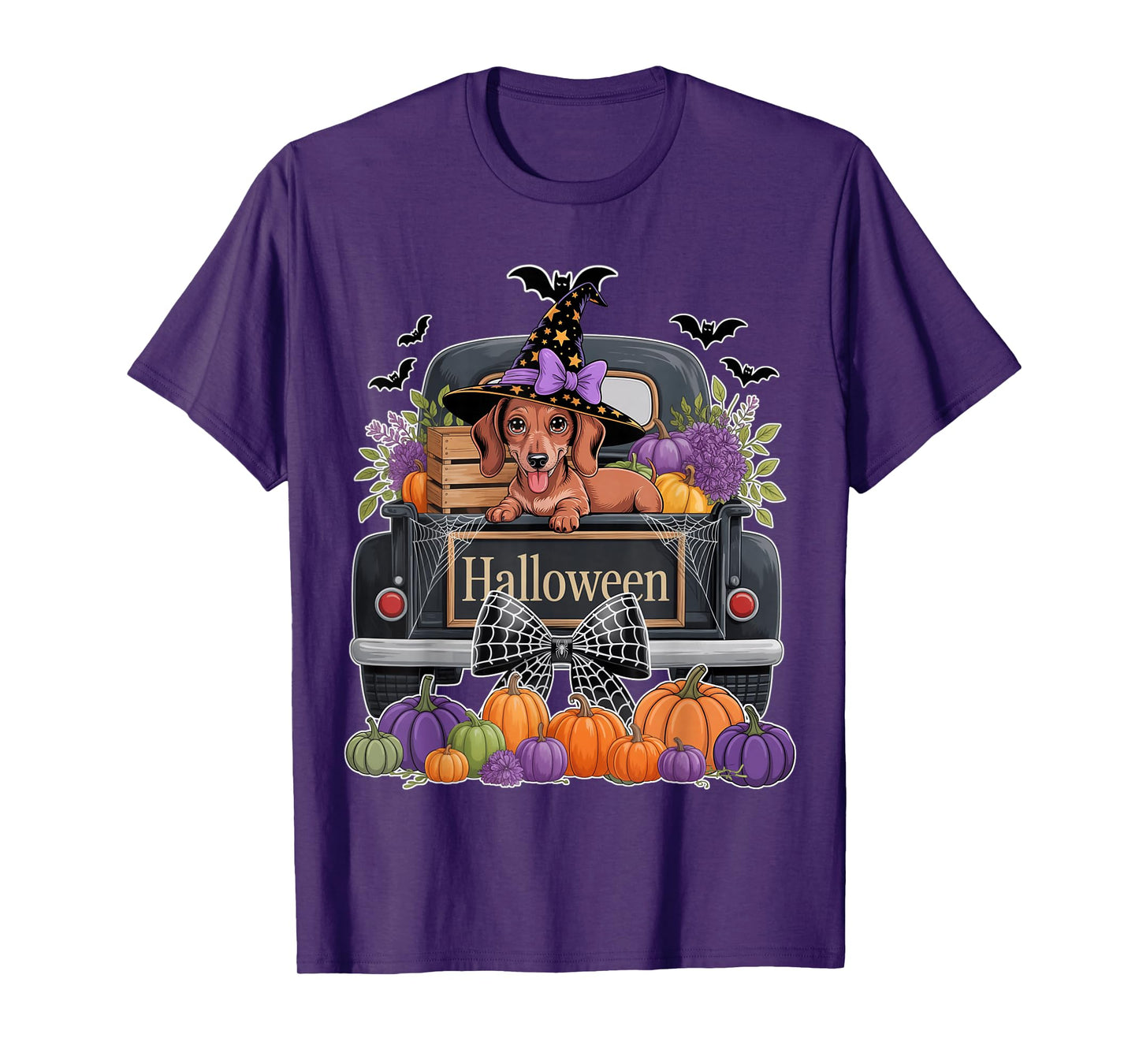 Funny Dachshund Witch Hat Truck Pumpkin Dog Lovers Halloween T-Shirt