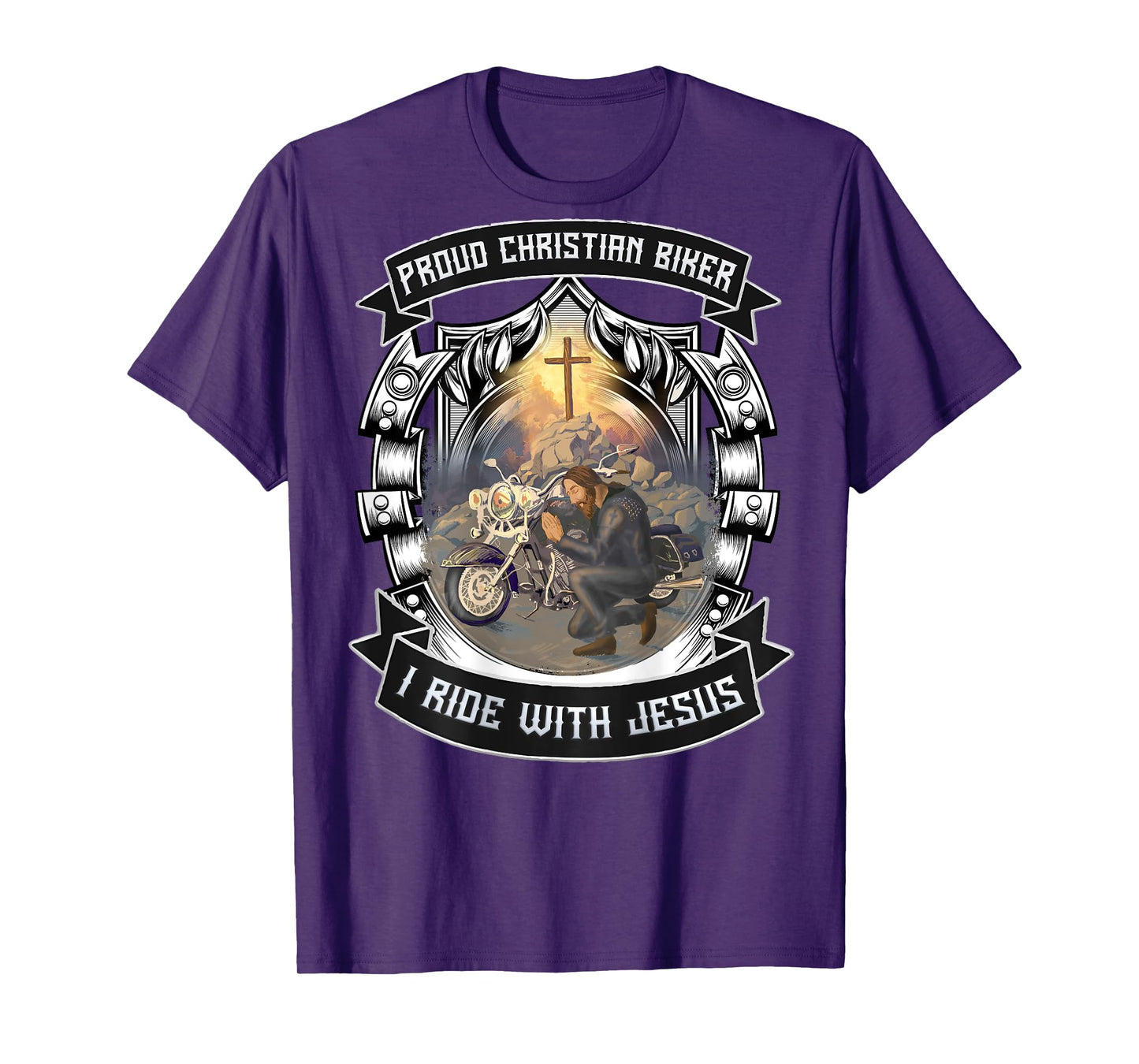 Christian Biker I Ride With Jesus Artwork Motorcycle Prayer T-Shirt