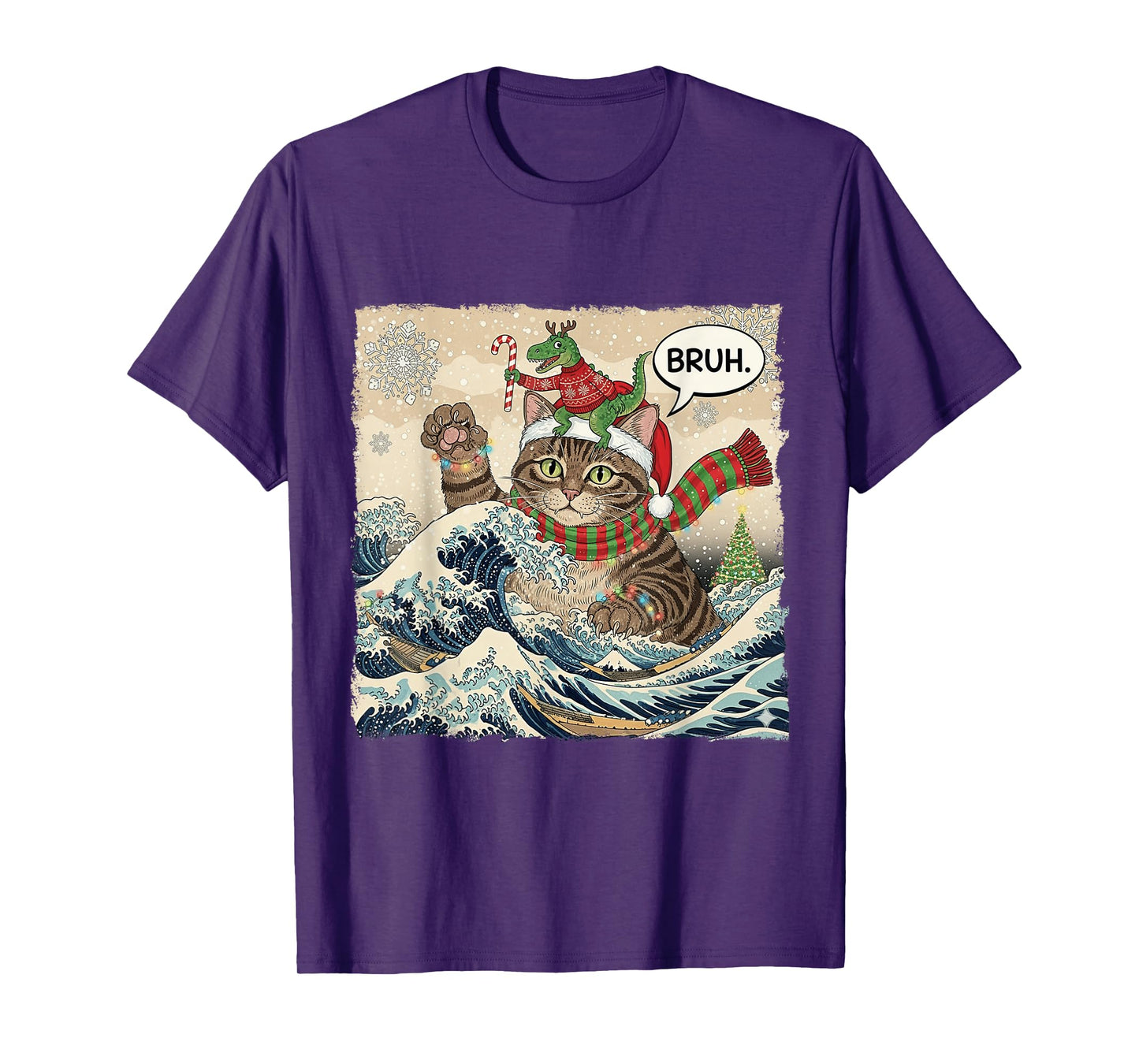 Bruh Funny Catzilla Cat Dinosaur Christmas Wave Japanese Art T-Shirt