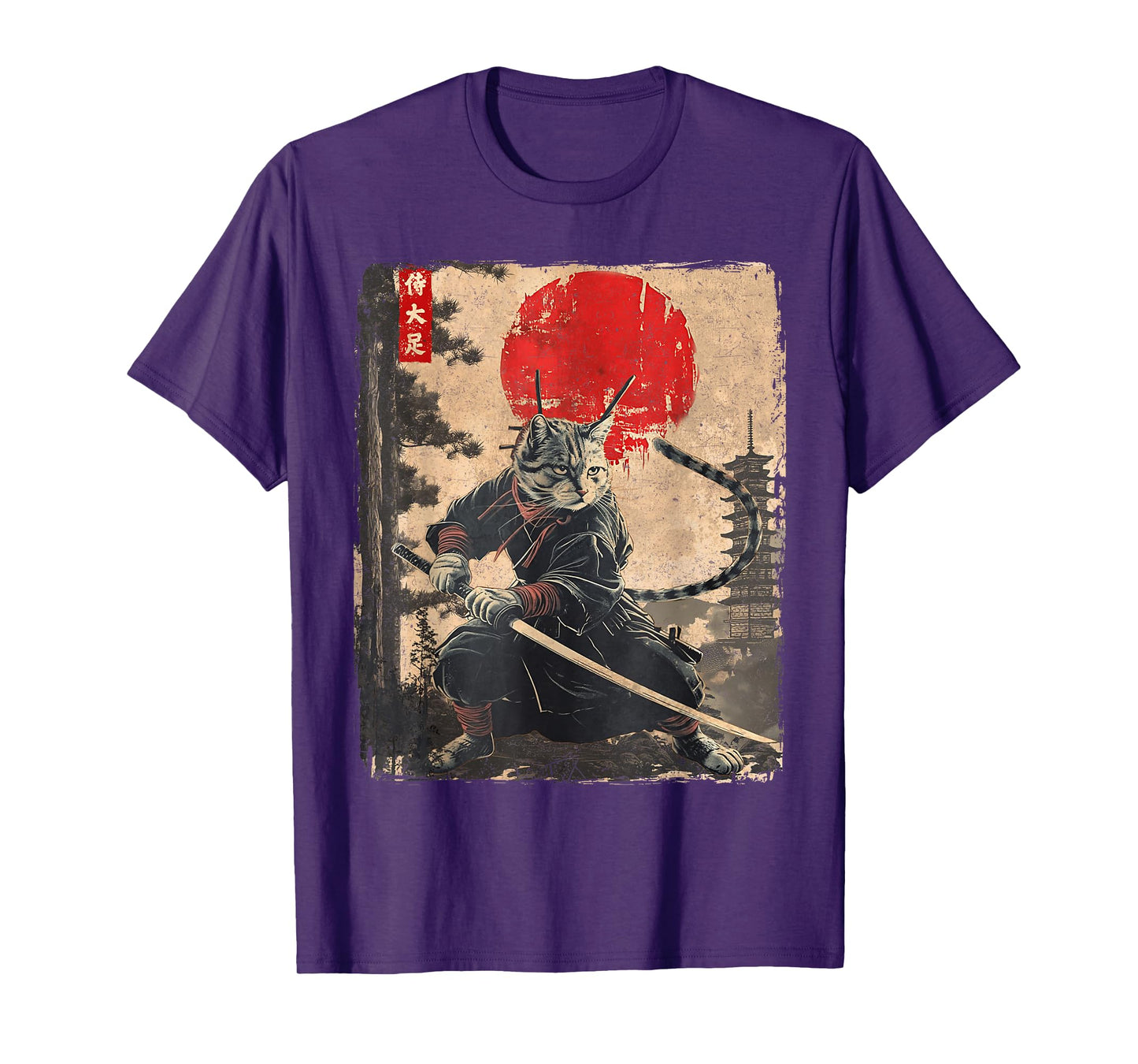 Vintage Ninja Samurai Cat Graphic Tees Art Japanese Anime T-Shirt