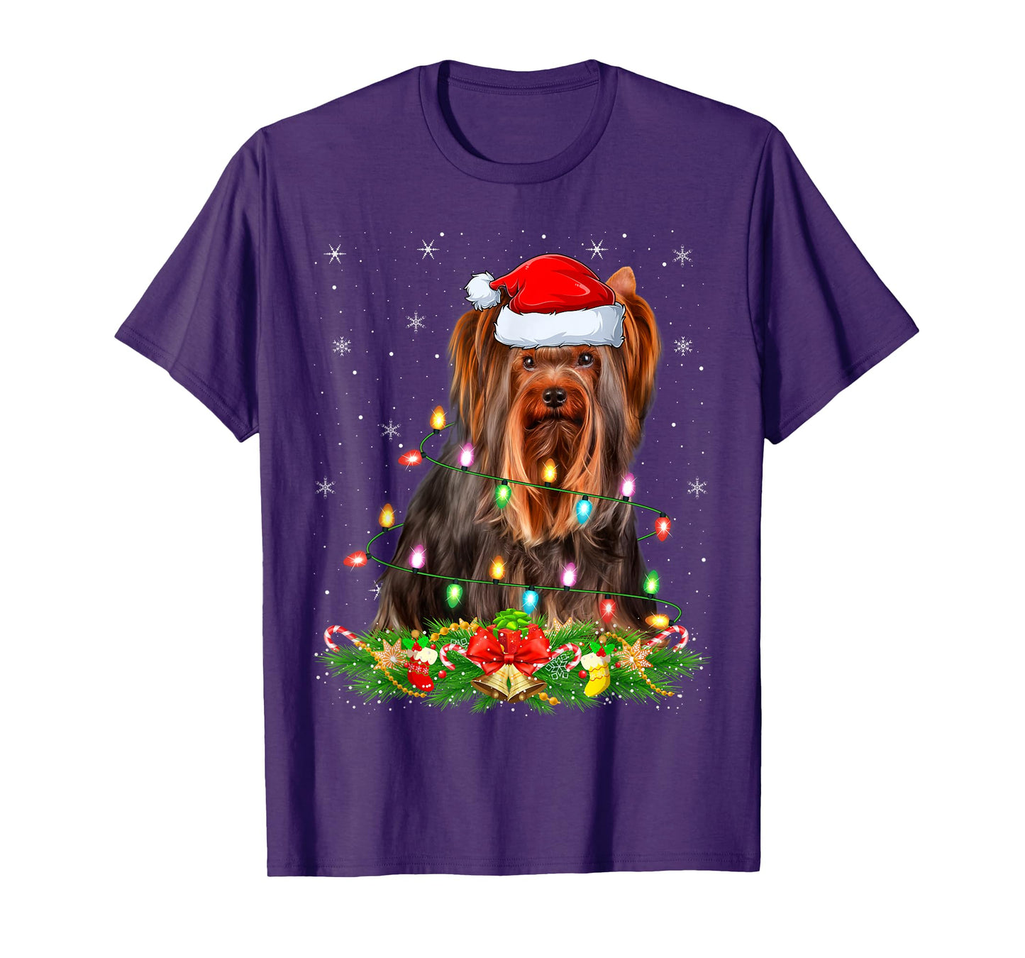 Yorkshire Terrier Dog Christmas Lights Funny Santa Hat Xmas T-Shirt