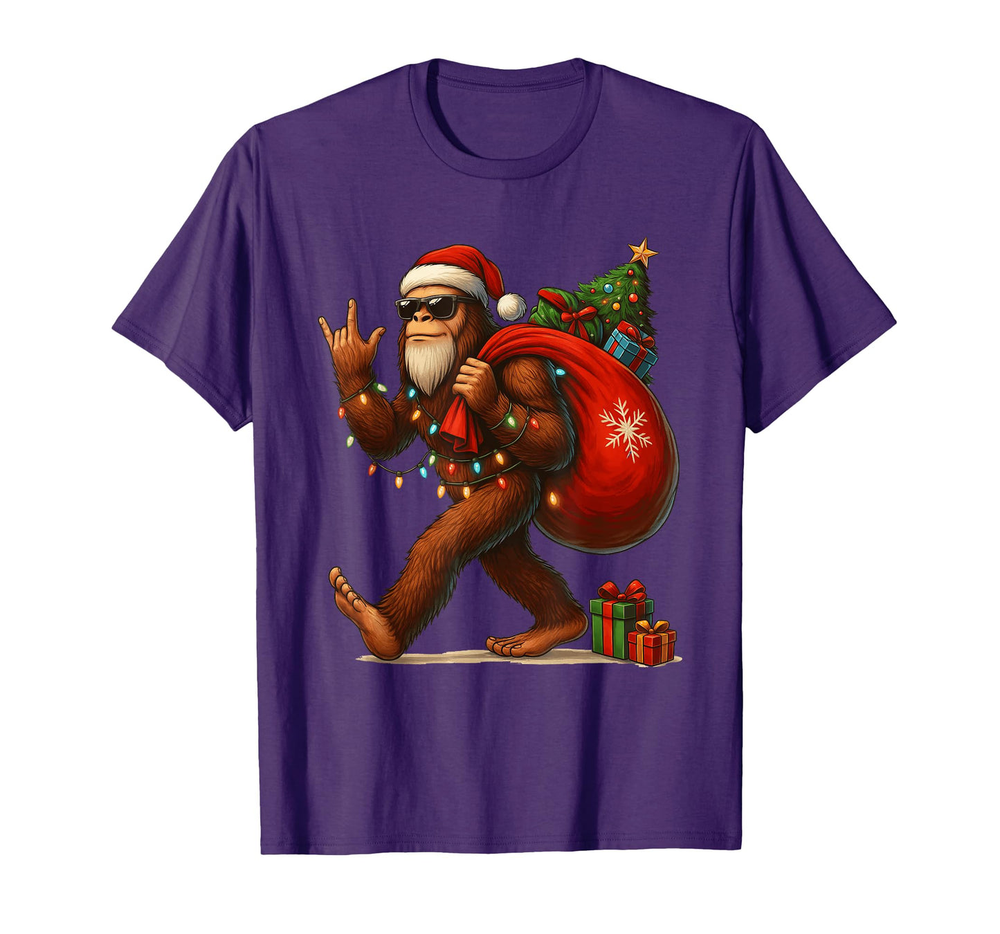 Santa Bigfoot Christmas Tree Lights Funny Sasquatch Believe T-Shirt
