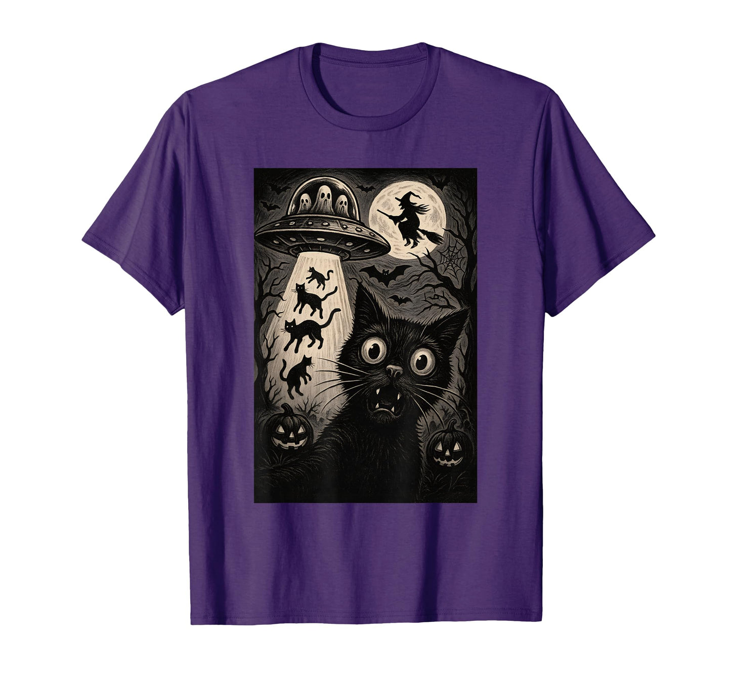 Halloween Cat Selfie Spooky Alien Abduction Cats UFO Flying T-Shirt