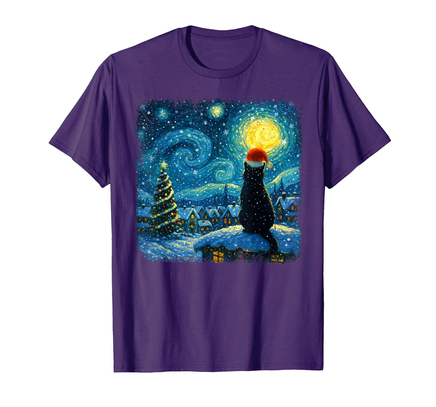 Funny Black Cat Merry Christmas Xmas Van Gogh Pajama Holiday T-Shirt