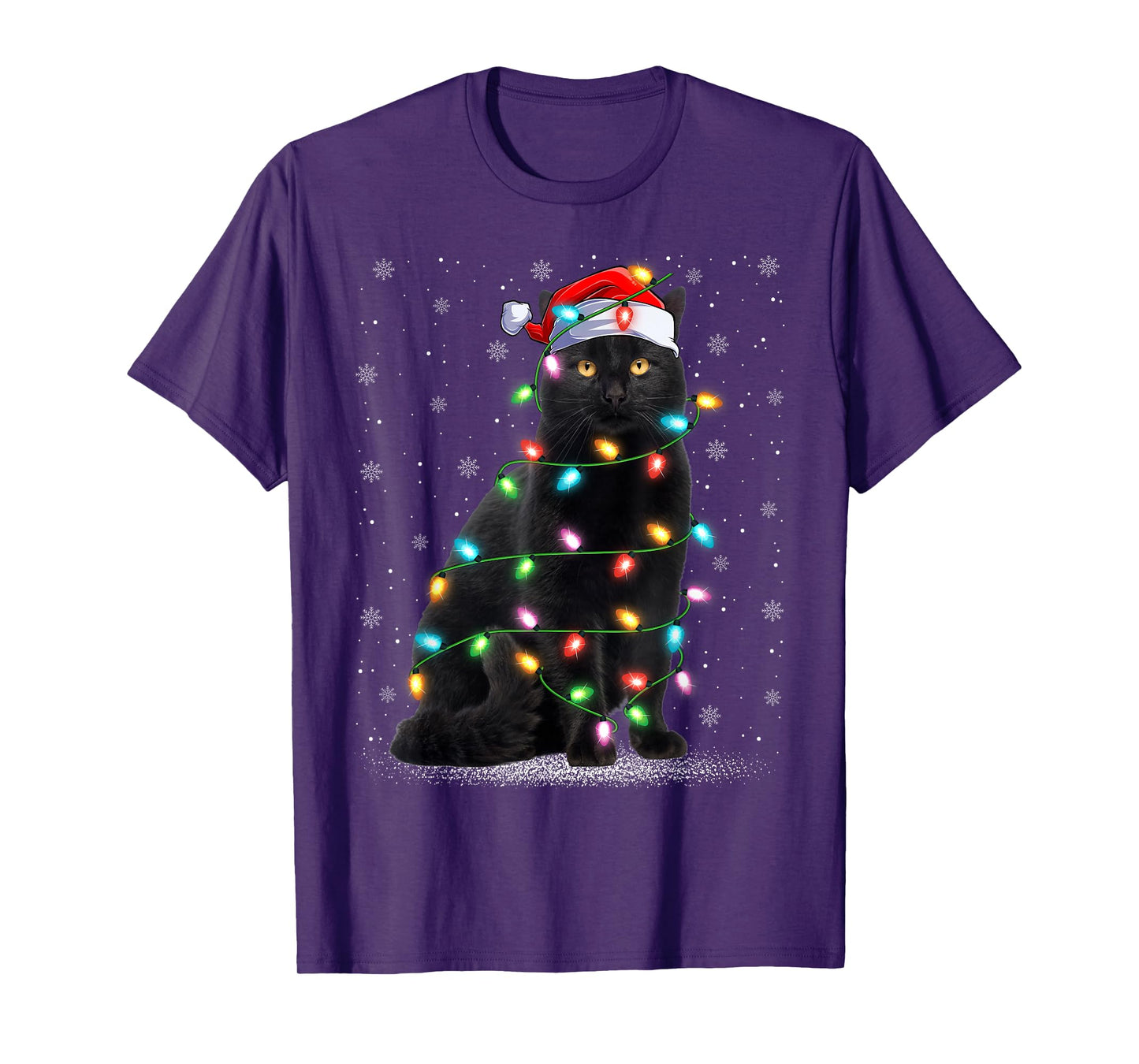 Black Cat Christmas Lights Santa Hat Cat Xmas Pajamas T-Shirt