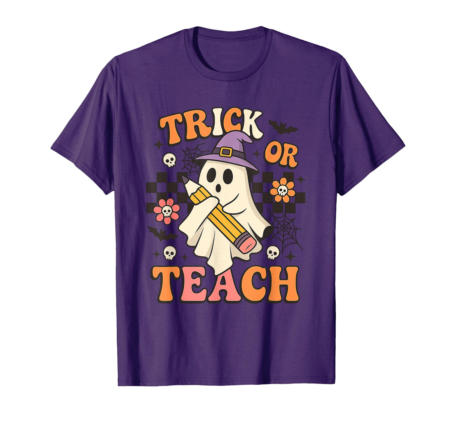 Trick or Teach Cute Ghost Witch Hat Funny Halloween Teacher T-Shirt