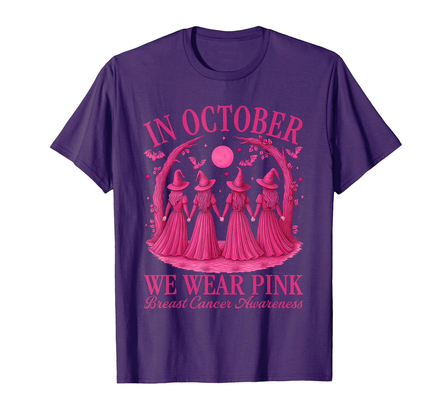in October We Wear Pink Witch Halloween Breast Cancer Women T-Shirt