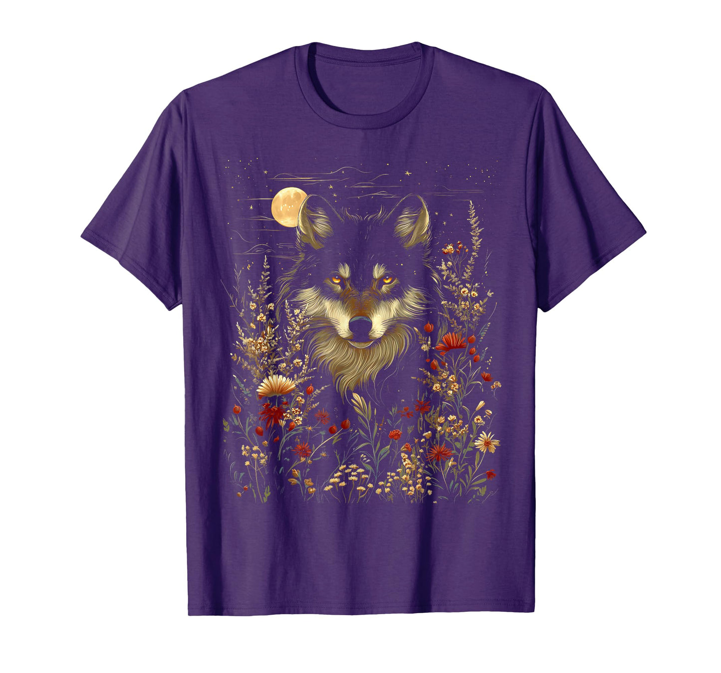 Black Wolf Full Moon Boho Floral Mystical Graphic Women T-Shirt