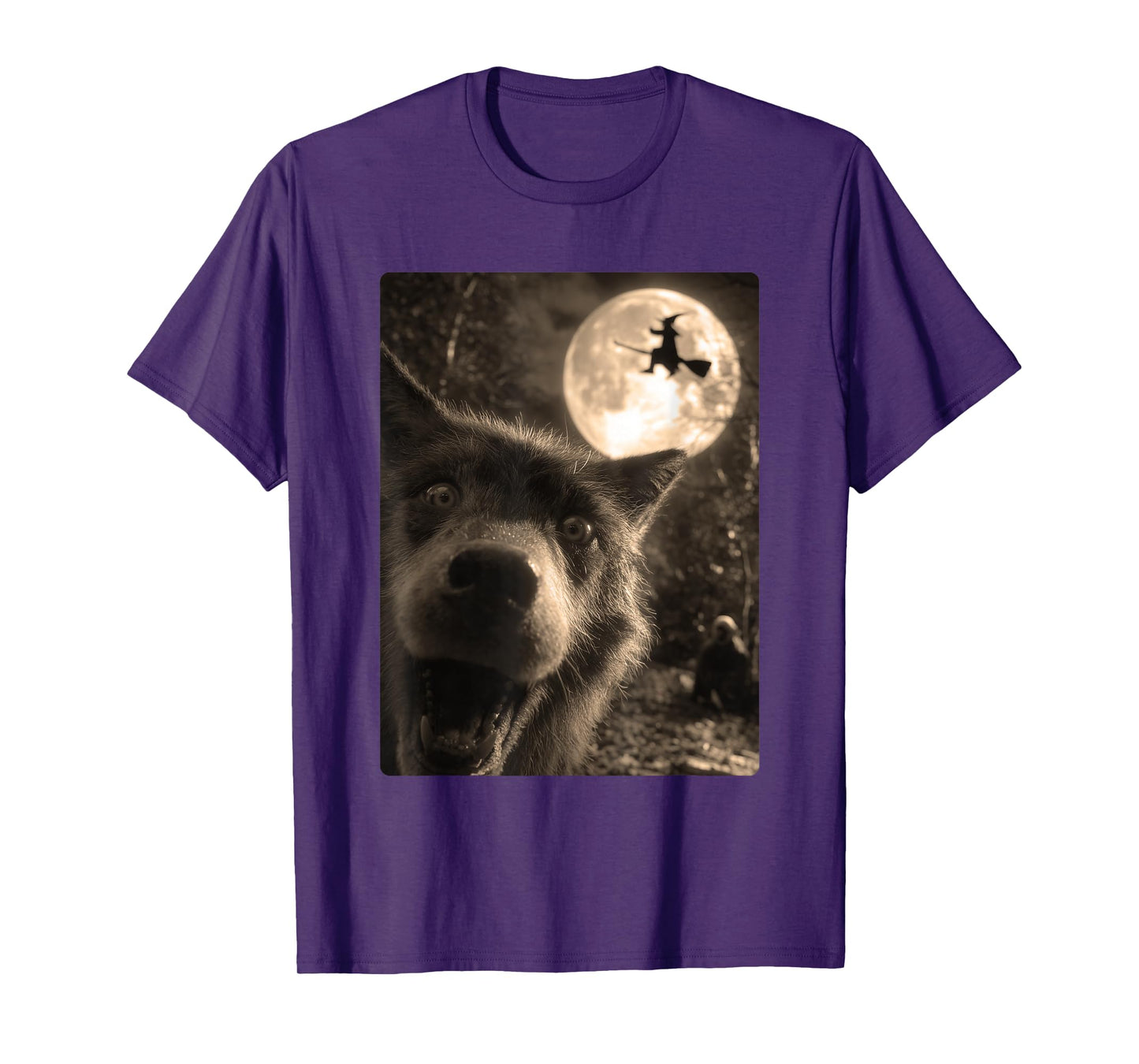 Funny Wolf Selfie Full Moon Flying Witch Forest Halloween T-Shirt