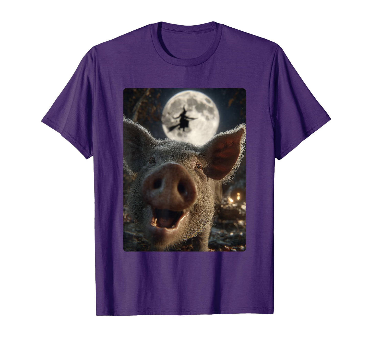 Funny Pig Selfie Full Moon Flying Witch Forest Halloween T-Shirt