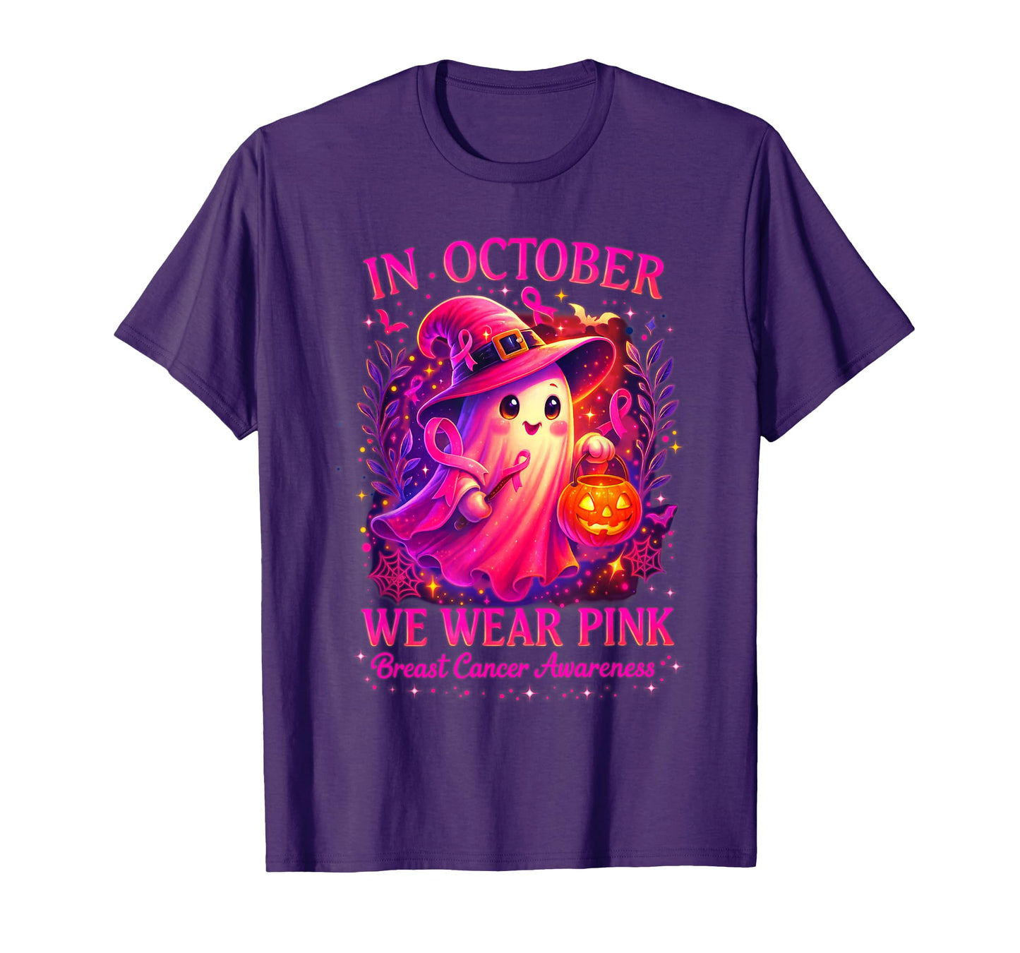 in October We Wear Pink Ghost Witch Breast Cancer Awareness T-Shirt