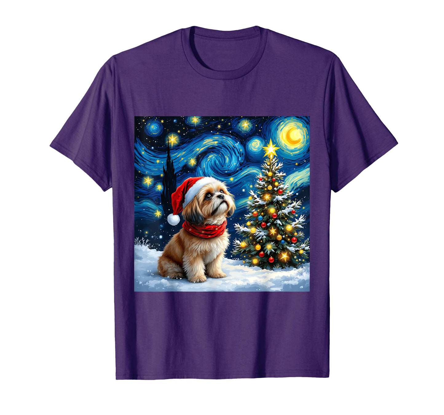 Shih Tzu Starry Night Christmas Van Gogh Dog Santa Hat T-Shirt